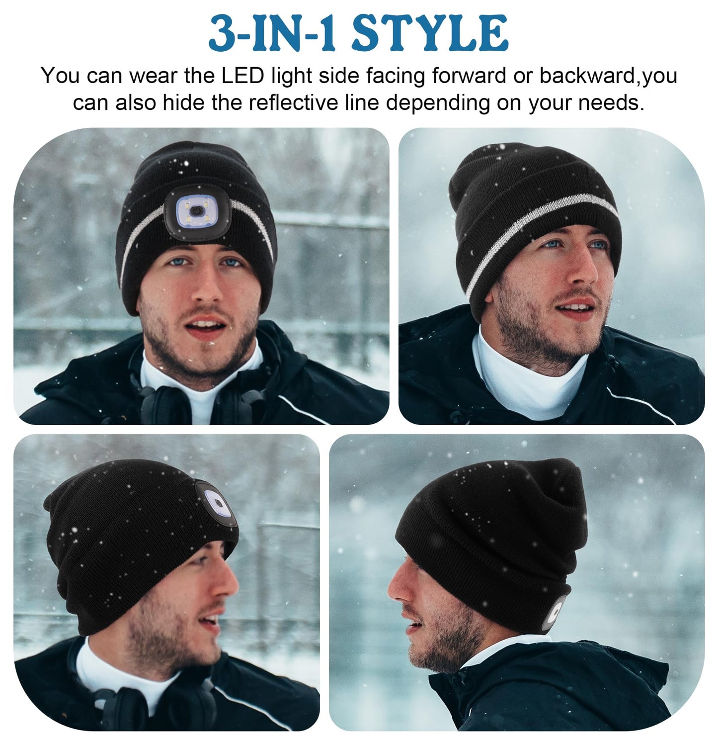 MELASA Reflective Stripe LED Beanie Safety High Visibility Winter Thermal Knitted USB Rechargeable Hat with Light Built in Suitable Outdoor Work Sports Gifts for Men Dad Fluorescent Yellow