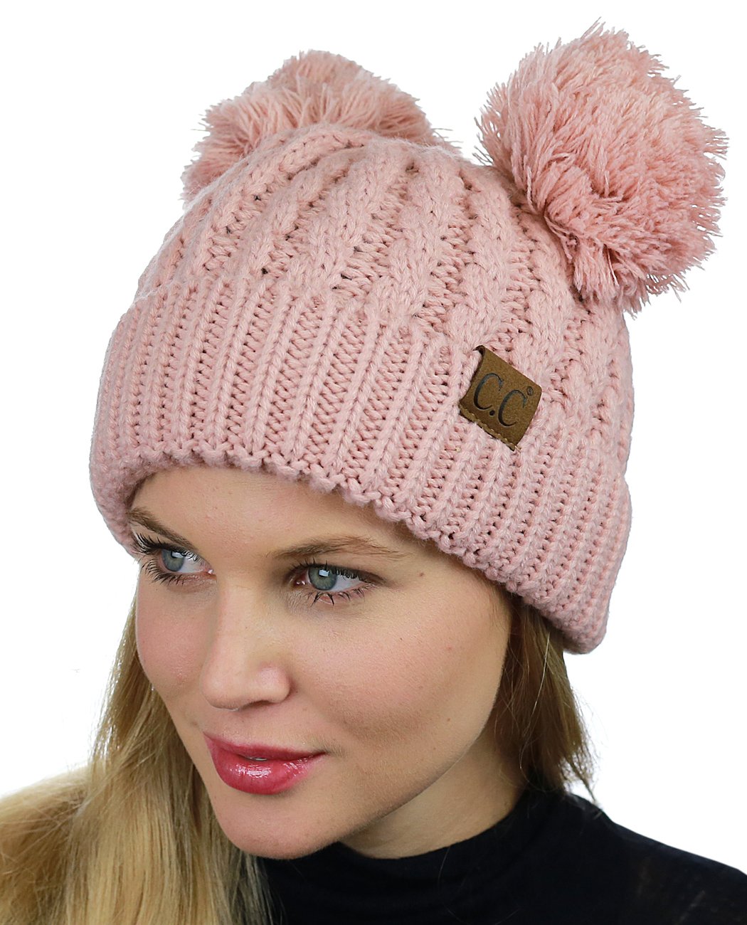 C.C 2 Ear Pom Pom Cable Knit Soft Stretch Cuff Skully Beanie Hat, Indi Pink