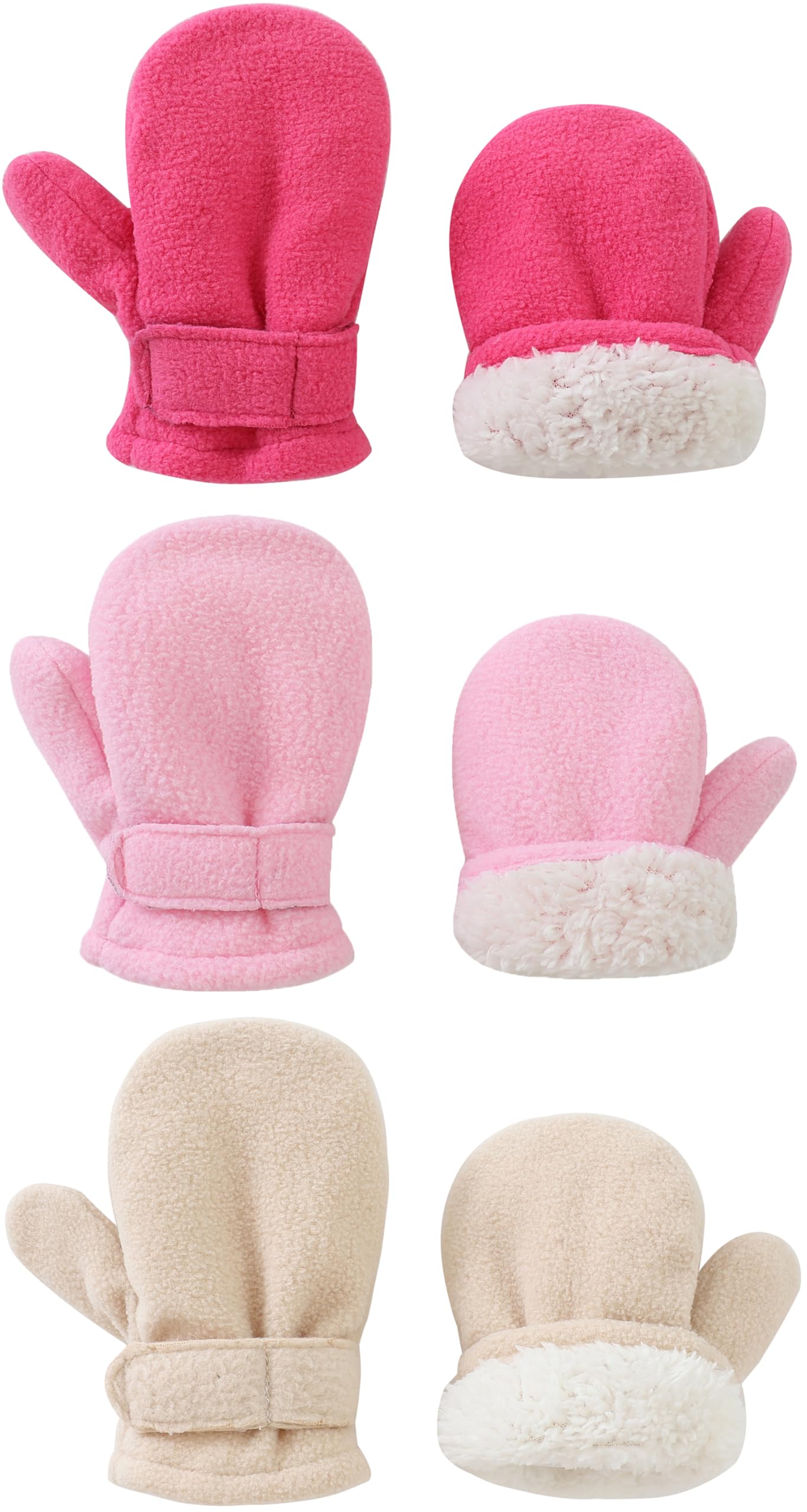 Baby Toddler Mittens Boys Girls Winter Outdoor Gloves Kids Easy-On Fleece Warm Mittens Pink Rose Khaki 3 Pairs L(2-4 years)