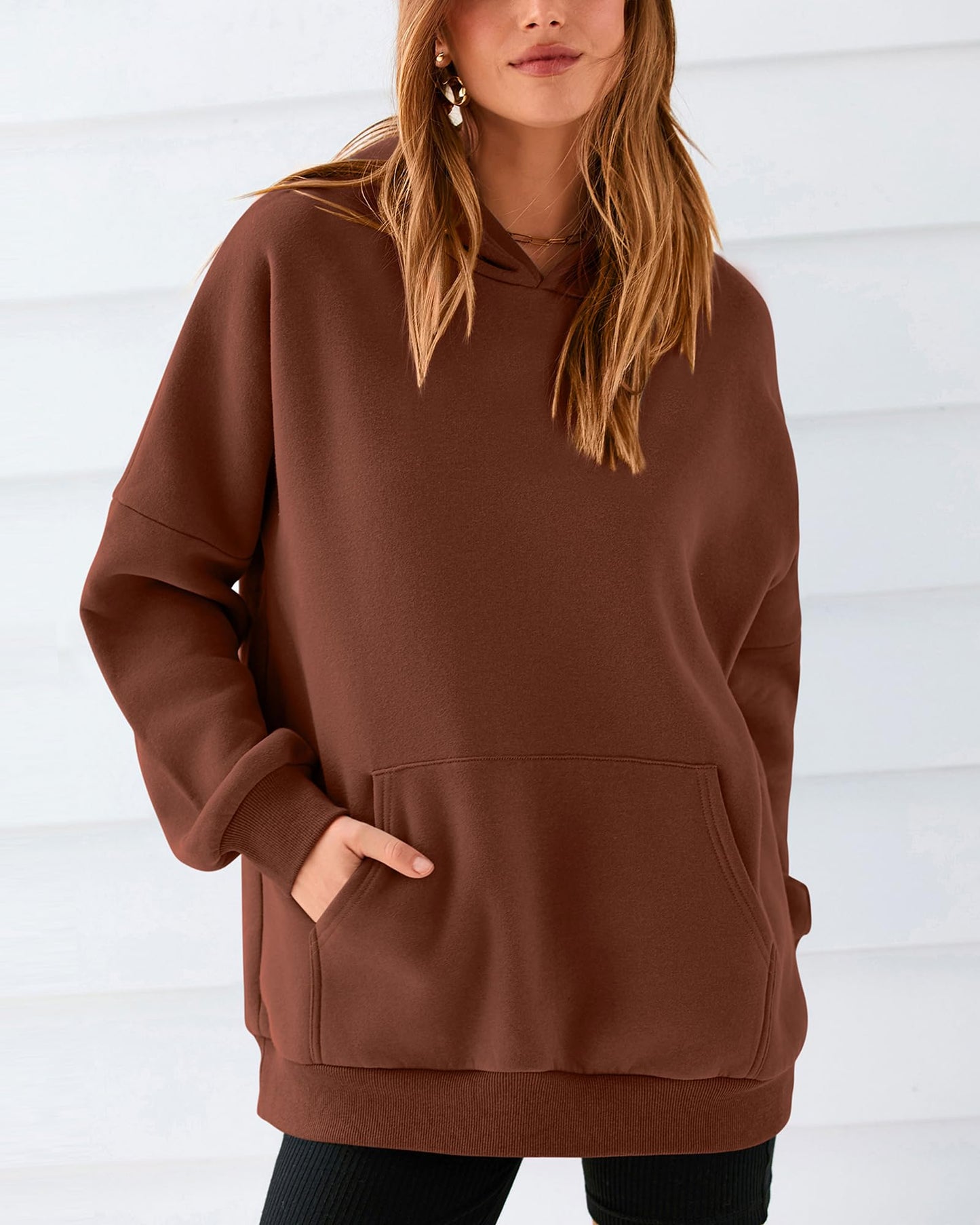 BTFBM Womens Fall Fashion 2024 Oversized Sweatshirt Hoodie Long Sleeve Fleece Pullover Holiday Tops Winter Clothes(Solid Dark Coffee, Small)