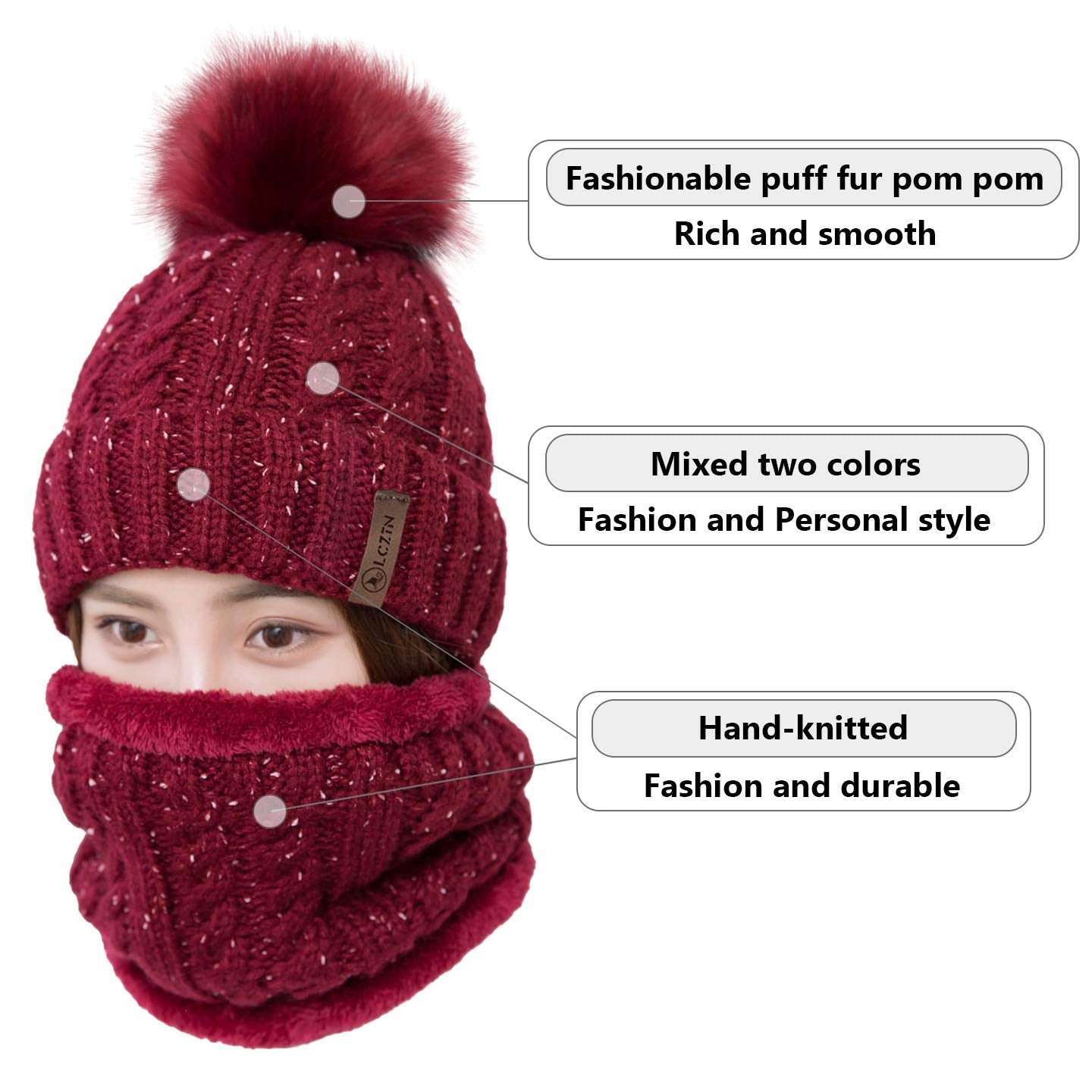 LCZTN Womens Pom Beanie Hat Scarf Set Girls Cute Winter Ski Hat Slouchy Knit Skull Cap with Fleece Lined