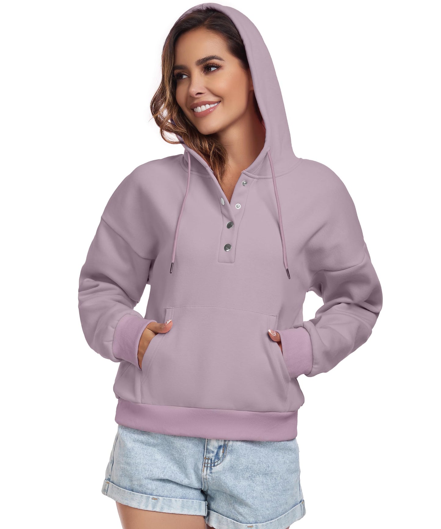 FKEEP Women Hoodies Casual Button Down Sweatshirt Drawstring Long Sleeve Pullover Fall Winter Clothes with Pockets Purple
