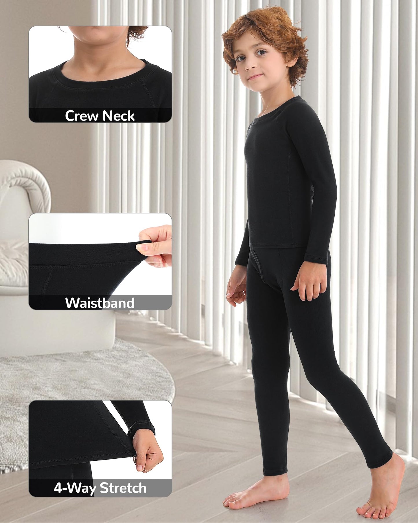 Runhit Youth Kids Thermal Underwear Set Skiing Base Layer Boys Thermal Underwear Set Long Sleeve Shirts Fleece Lined Leggings 2 Pieces Winter Cold Large Black