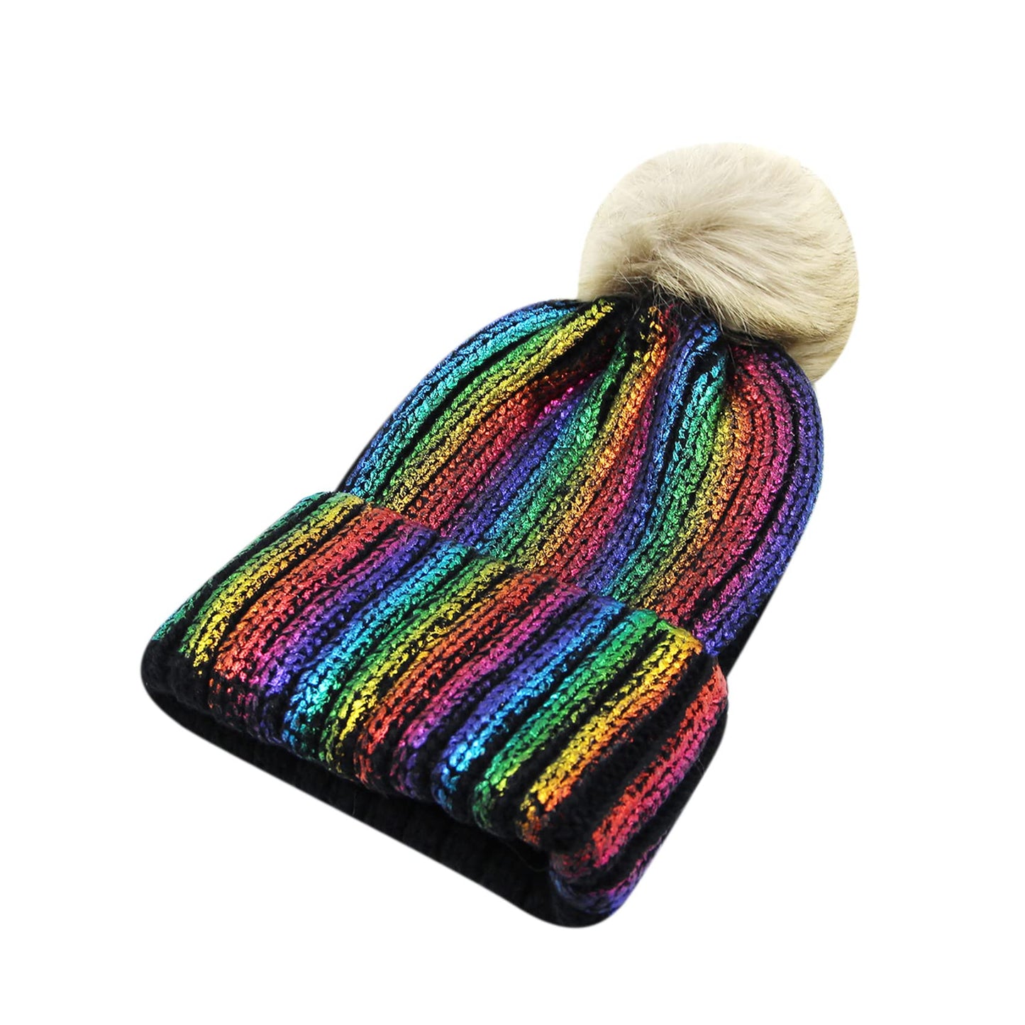 JUMISEE Women Girls Shiny Metallic Knit Beanie Hat Slouchy Winter Skull Cap with Faux Fur Pompom
