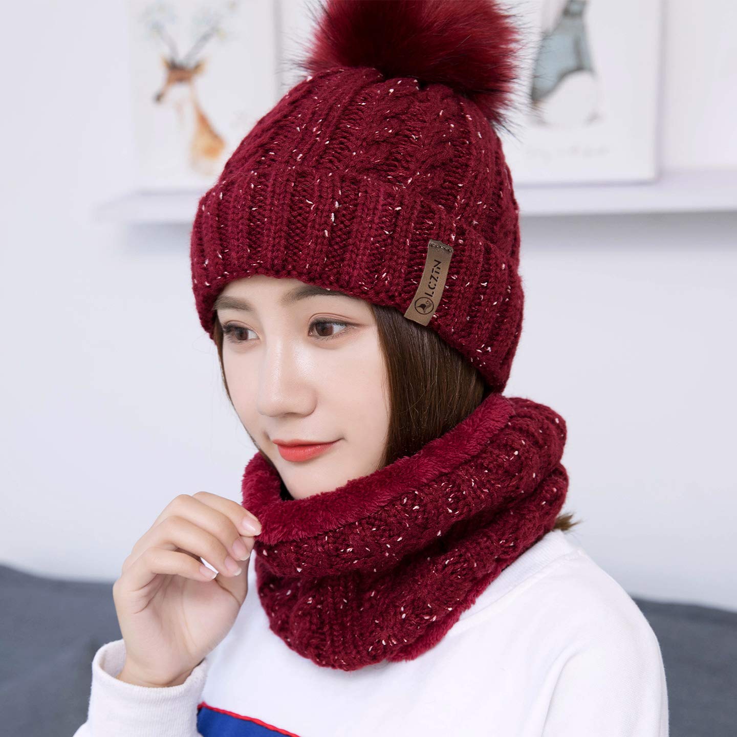 LCZTN Womens Pom Beanie Hat Scarf Set Girls Cute Winter Ski Hat Slouchy Knit Skull Cap with Fleece Lined