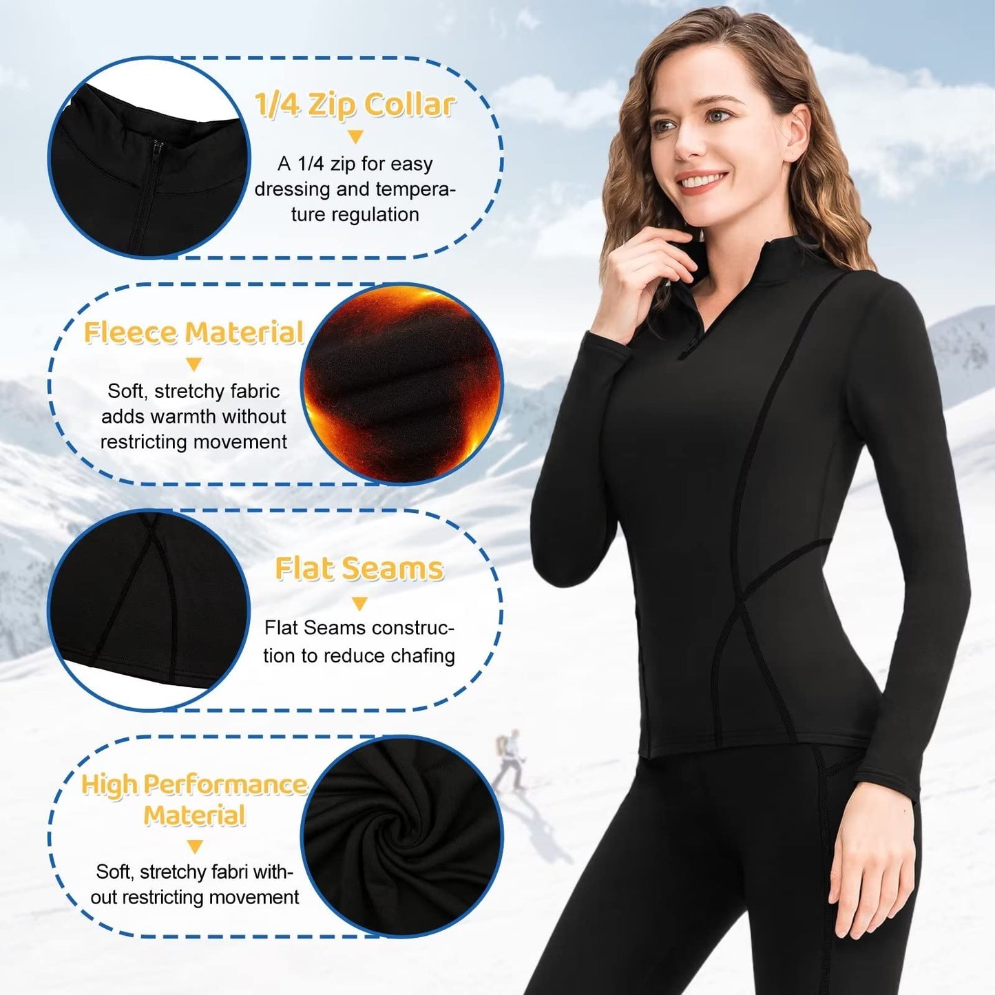Tesuwel Ski Base Layer Women Cold Weather Long Sleeve Thermal Shirt Women Snowboard Underlayer for Hiking Running Thermal Underwear Top Women Half Zip Athletic Shirts Moisture Wicking 02513 Black XL