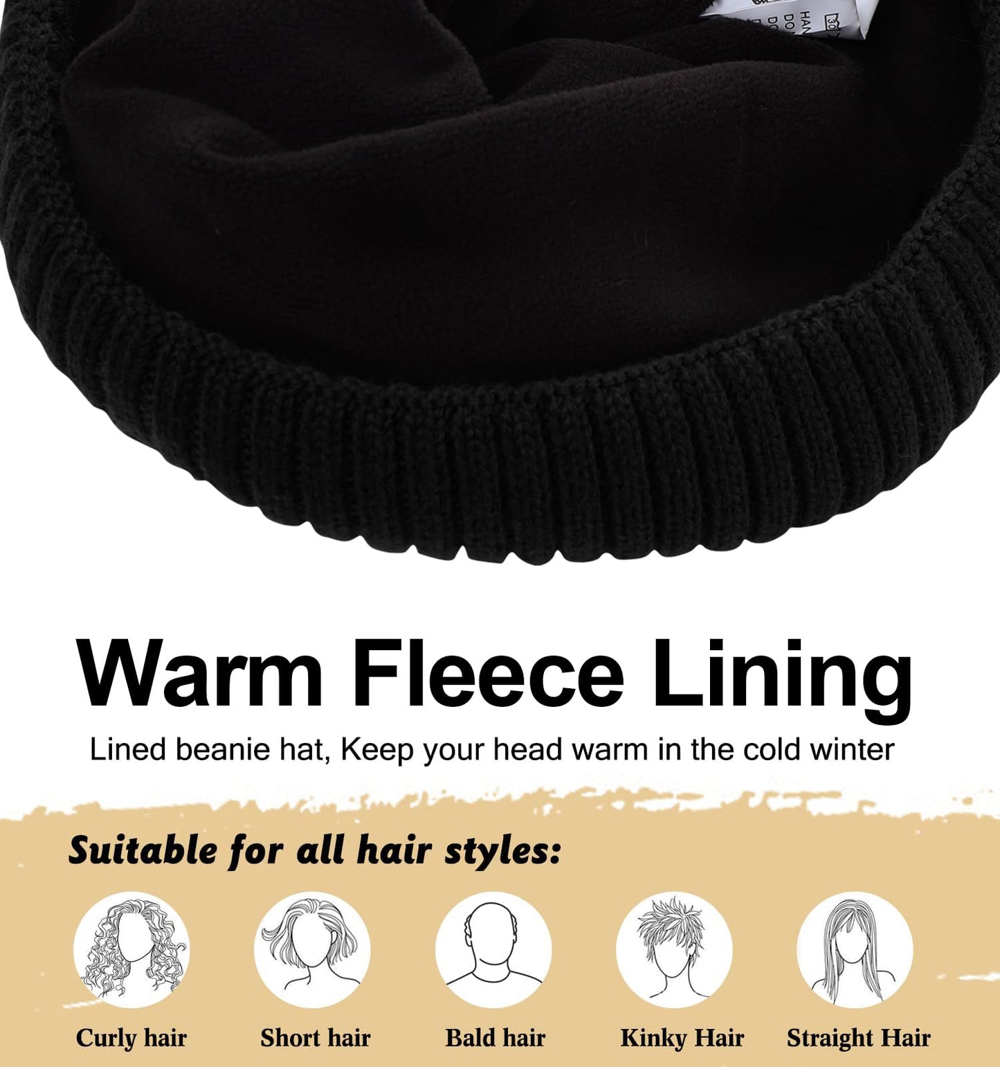 Oversize XL XXL Waterproof Merino Wool Beanie for Men Women Big Head, Warm Fleece Lined Large Winter Hat, Plus Size Big Knit Skull Stocking Cap, Rainproof Windproof Cuffed Beanie for All Weather Black
