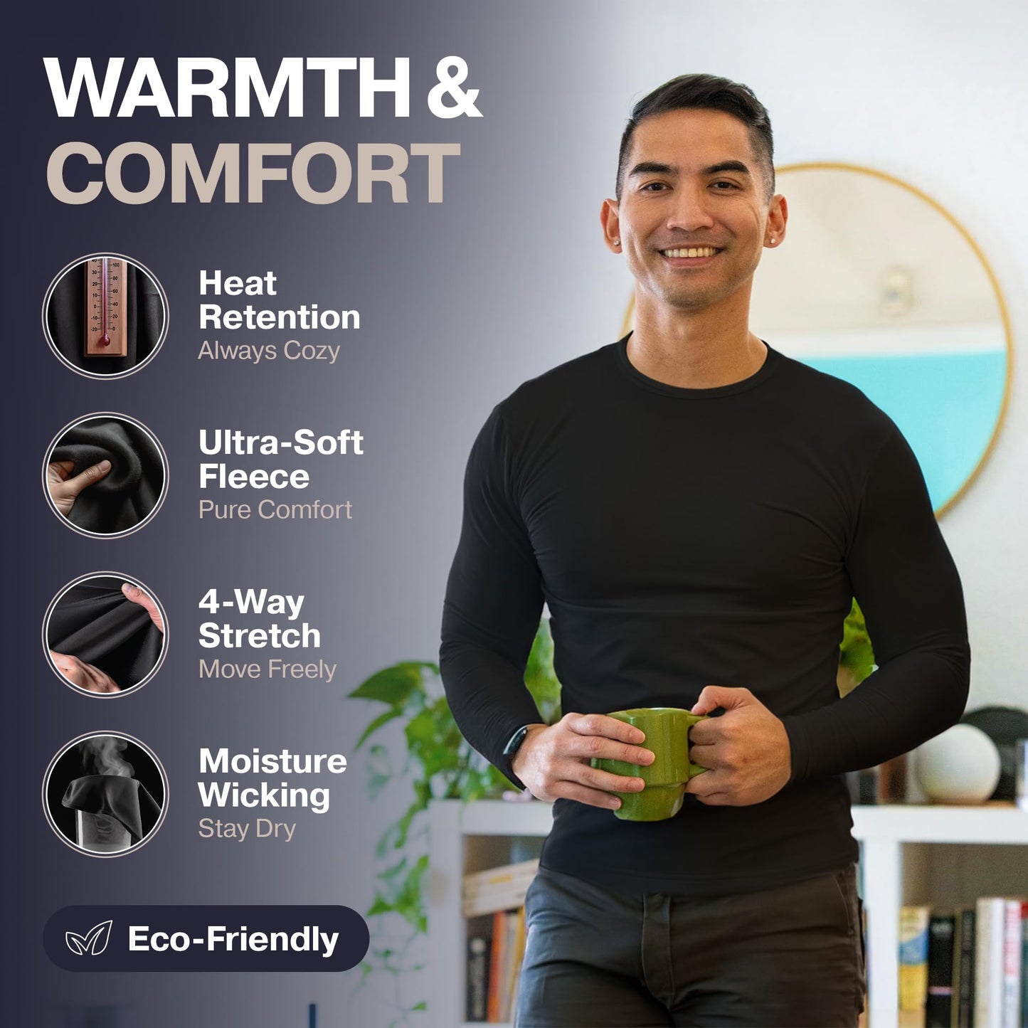 Thermajohn Thermal Shirts for Men Long Sleeve Thermal Compression Shirts for Men Base Layer Cold Weather (Black, Large)