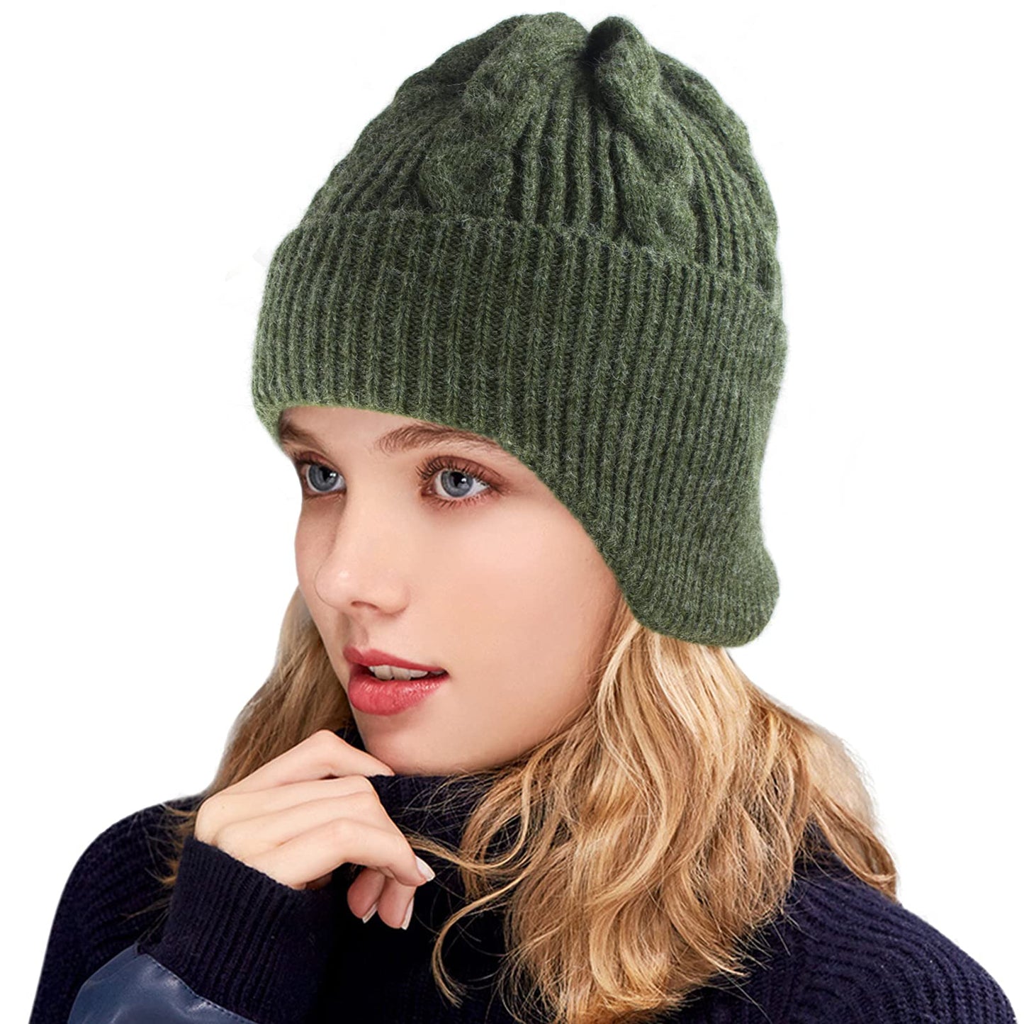 Muryobao Womens Winter Beanie Hat Slouchy Knit Hats Soft Warm Ski Skull Cap with Ear Flaps Pine Green