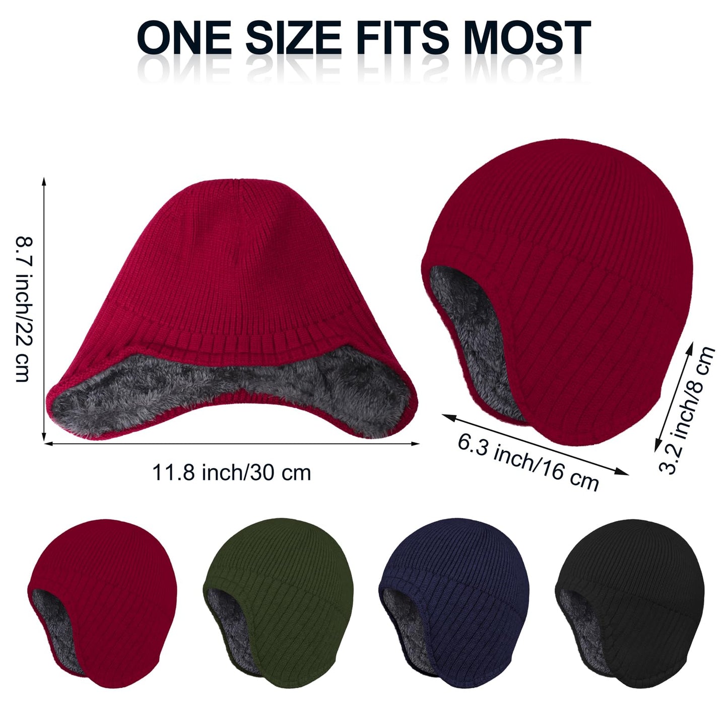 Apoway 4 Pack Winter Warm Earflap Hat Thick Fleece Lined Beanie with Ear Cover Stretchy Watch Skull Cap for Men Women