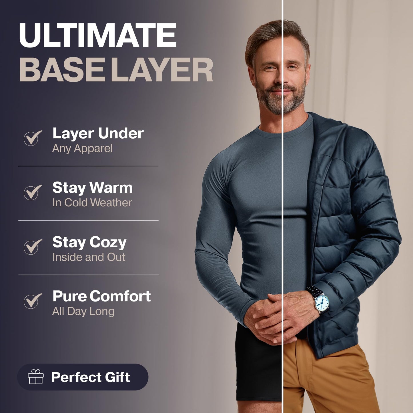 Thermajohn Thermal Shirts for Men Long Sleeve Thermal Compression Shirts for Men Base Layer Cold Weather (Black, Large)