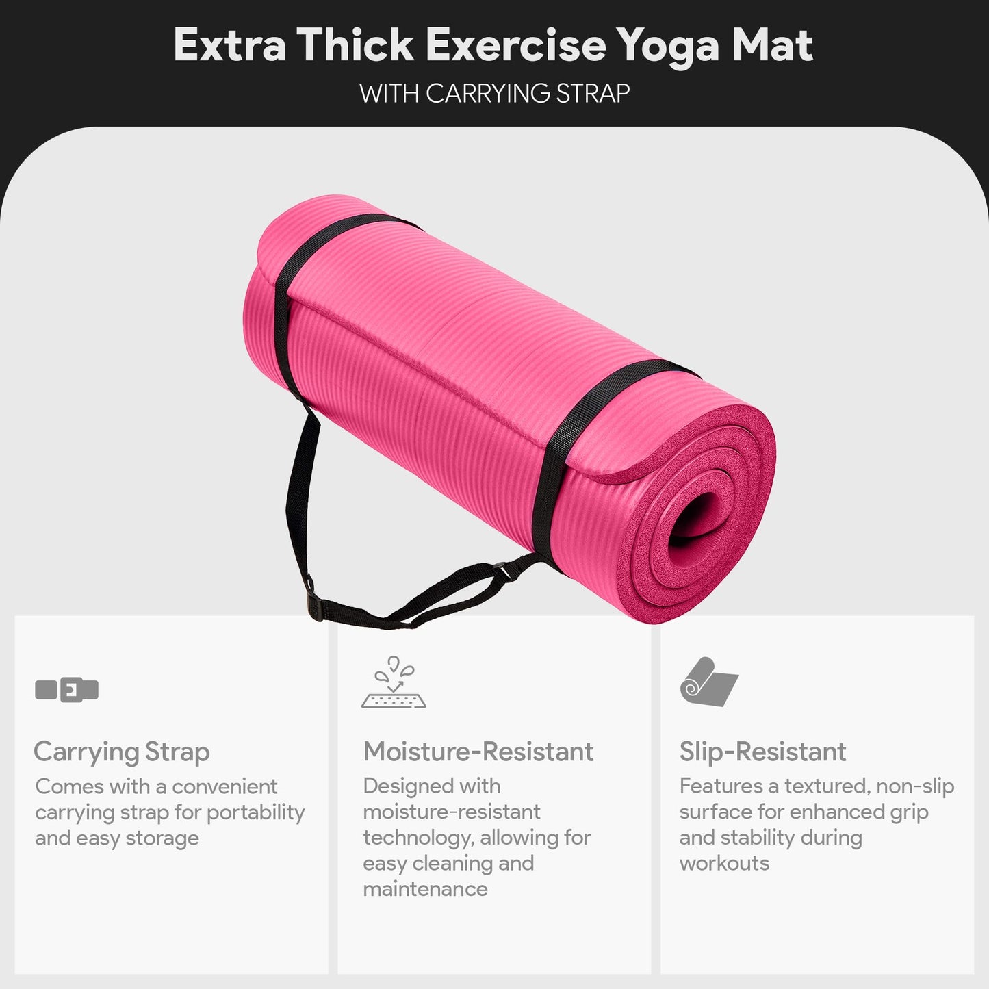 BalanceFrom All-Purpose 1-Inch Extra Thick High Density Anti-Tear Exercise Yoga Mat with Carrying Strap (Pink)