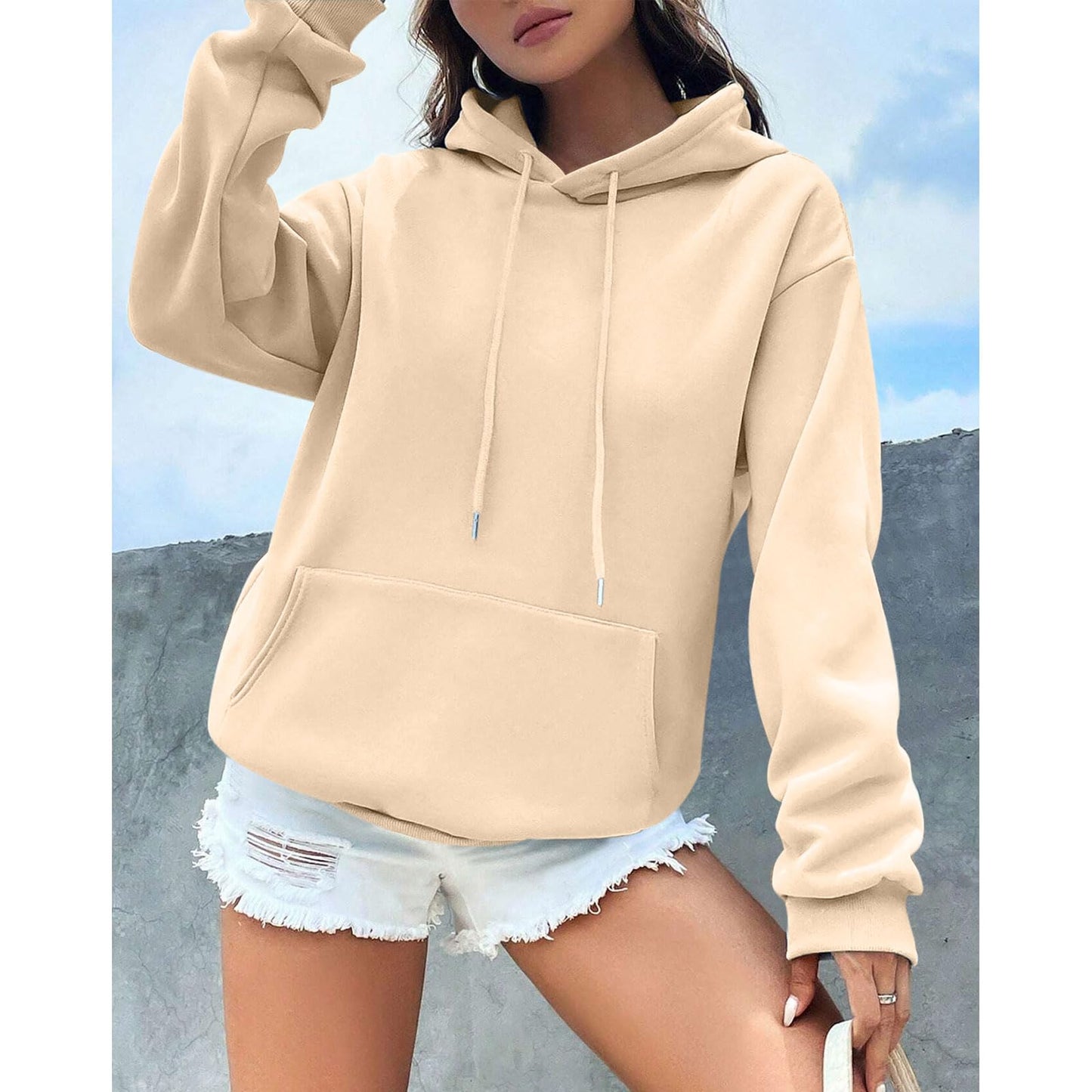 KEEVICI Oversized Basic Hoodie For Women Solid Color Plain Sweatshirt Loose Fit Hooded Pullover With Pockets Baggy Tops(Apricot,M)