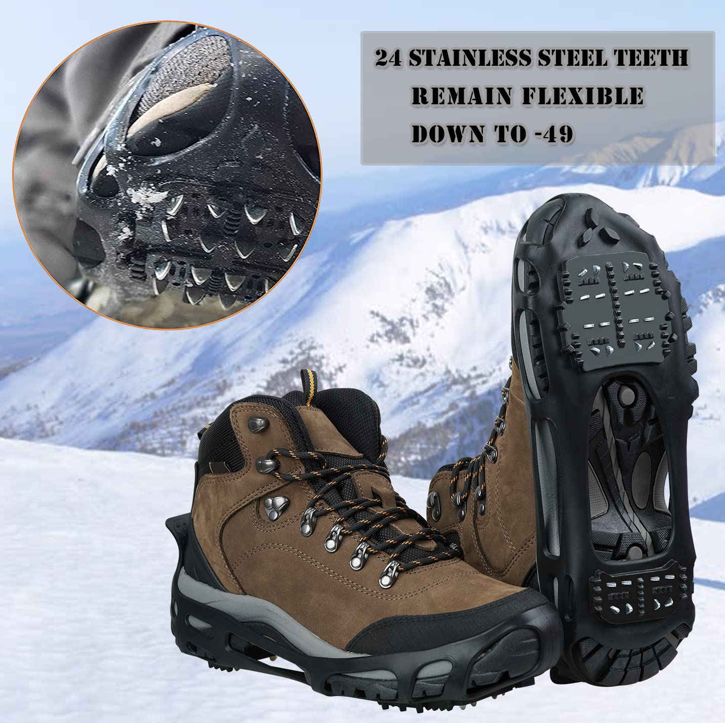 Ice Snow Traction Cleats Crampons Anti-Slip Snow Shoes Cleats Walking on Snow and Ice Winter Walking Boots Cleats for Men Women Hiking, Jogging (24 Steel Crampons,Szie L)