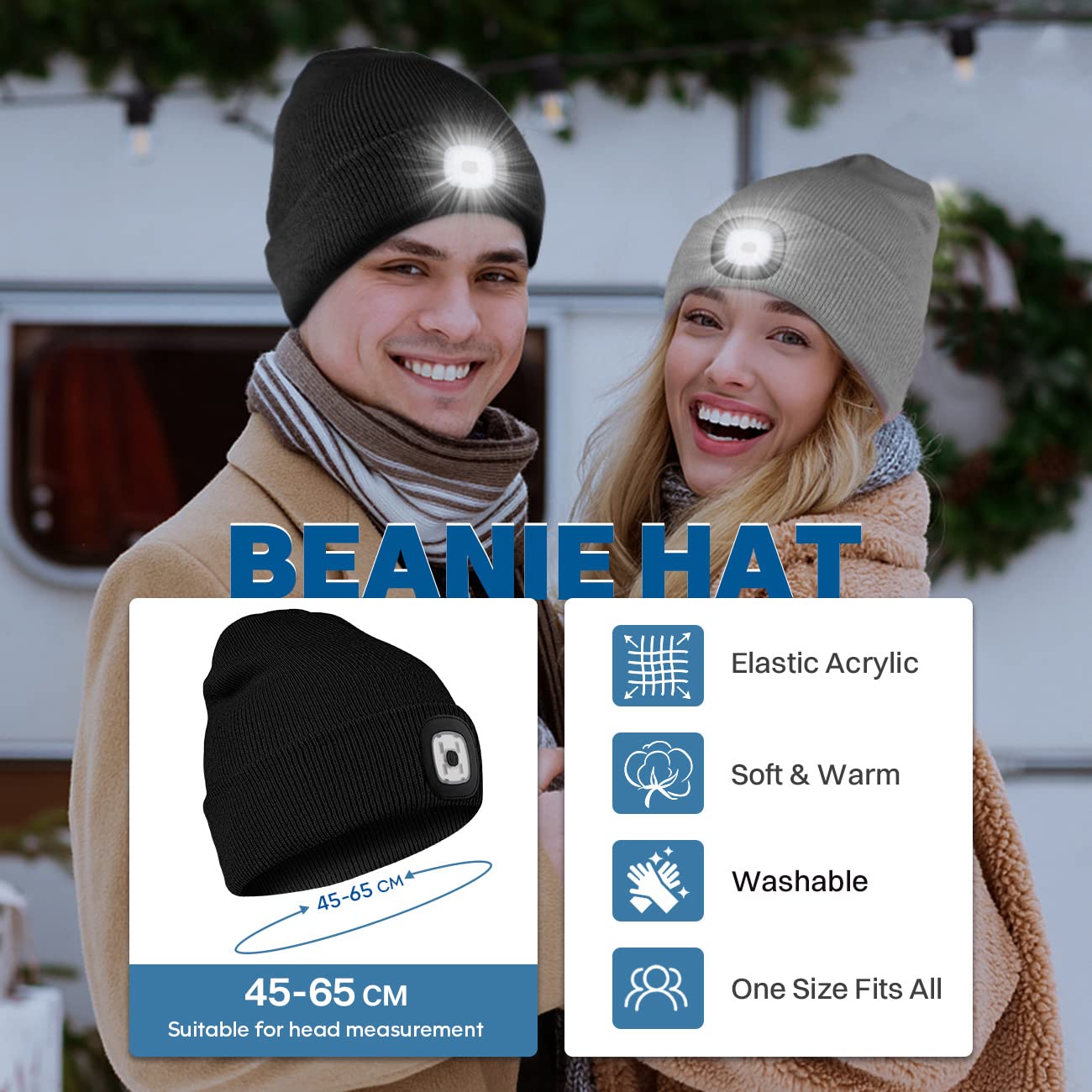 Bosttor LED Beanie Hat with Light 2 Pack, Rechargeable Headlamp Cap, Unisex Winter Warm Knitted Hats, Headlight Flashlight for Running Hiking Camping,Tech Gifts for Men Women Teens