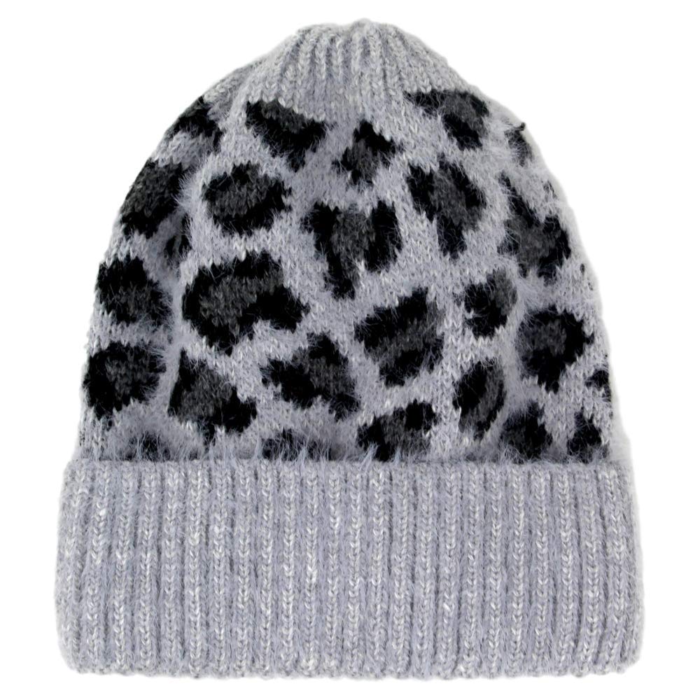 by You Women Teen Fashion Fall Winter Soft Fuzzy Leopard Animal Print Knit Cuffed Beanie Hat (Leopard Pattern - Grey)