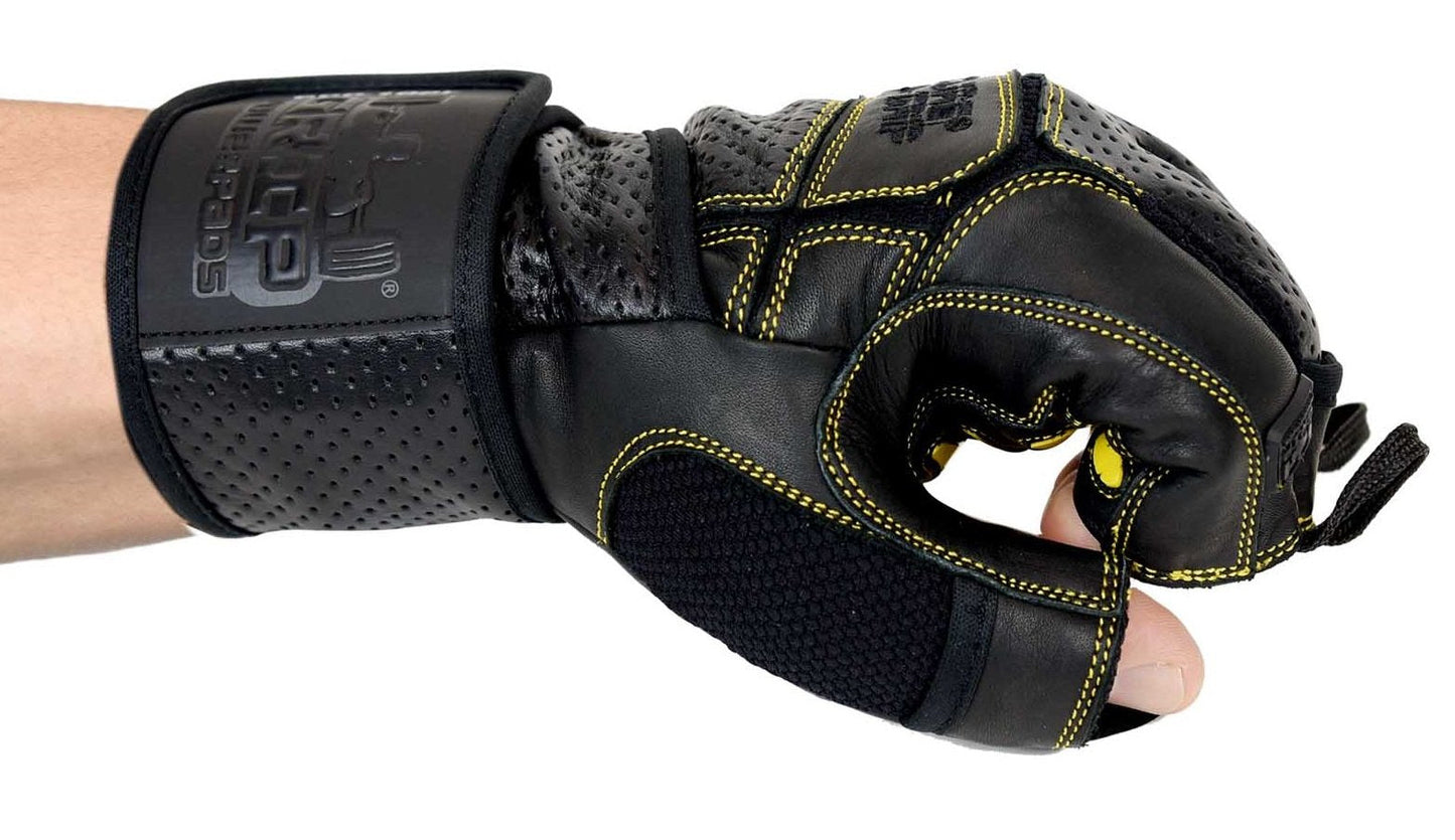 Elite Leather Gym Gloves with Built in 2" Wide Wrist Wraps Best Leather Glove Design for Weight Power Lifting Bodybuilding & Strength Training Workout Exercises (Yellow, Medium)