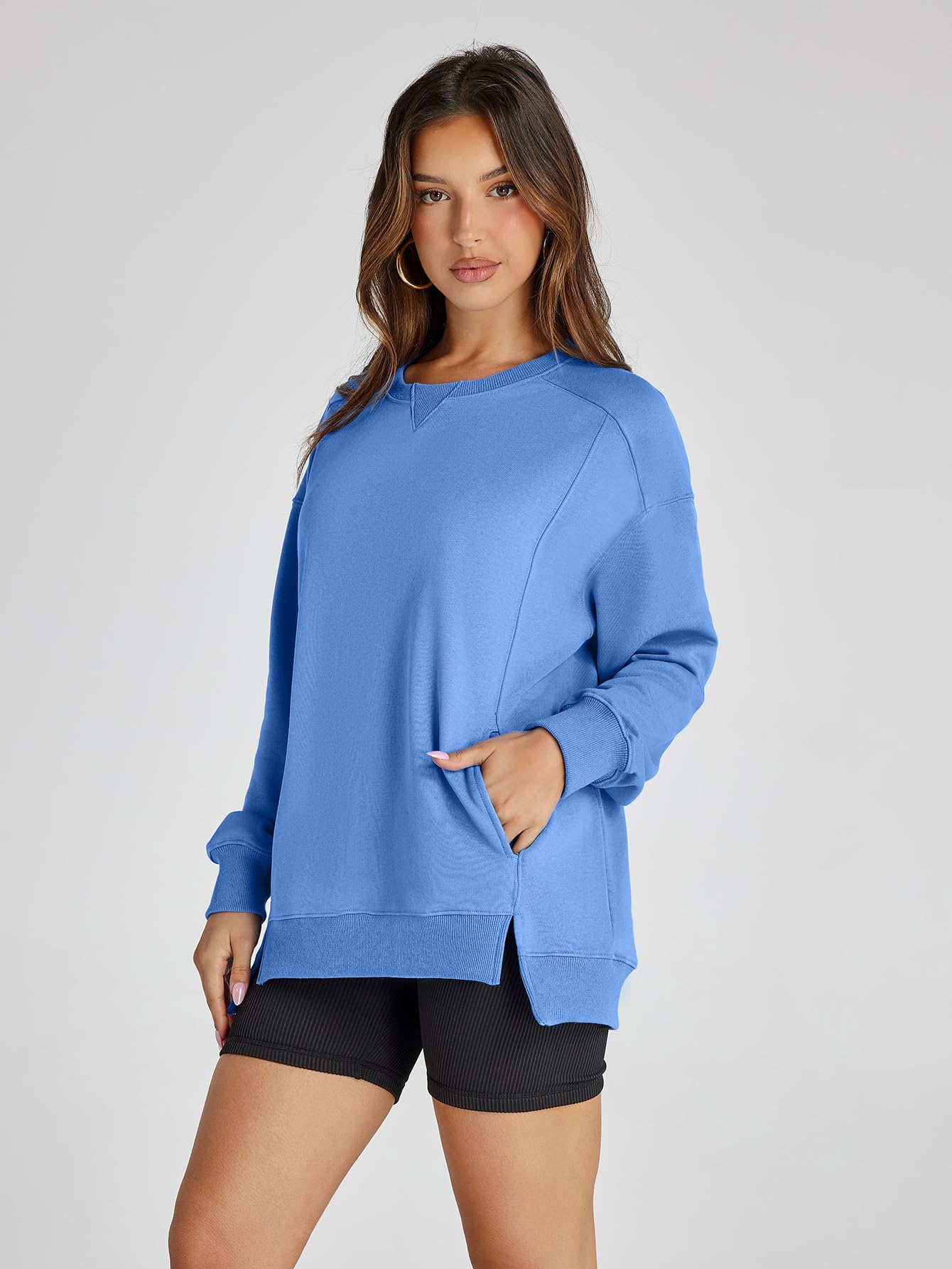 Glamaker Women's Long Sleeve Pullover Sweatshirt Oversized Sweatshirts Casual Crew Neck Tops Y2k Winter Fall Clothes Blue XL