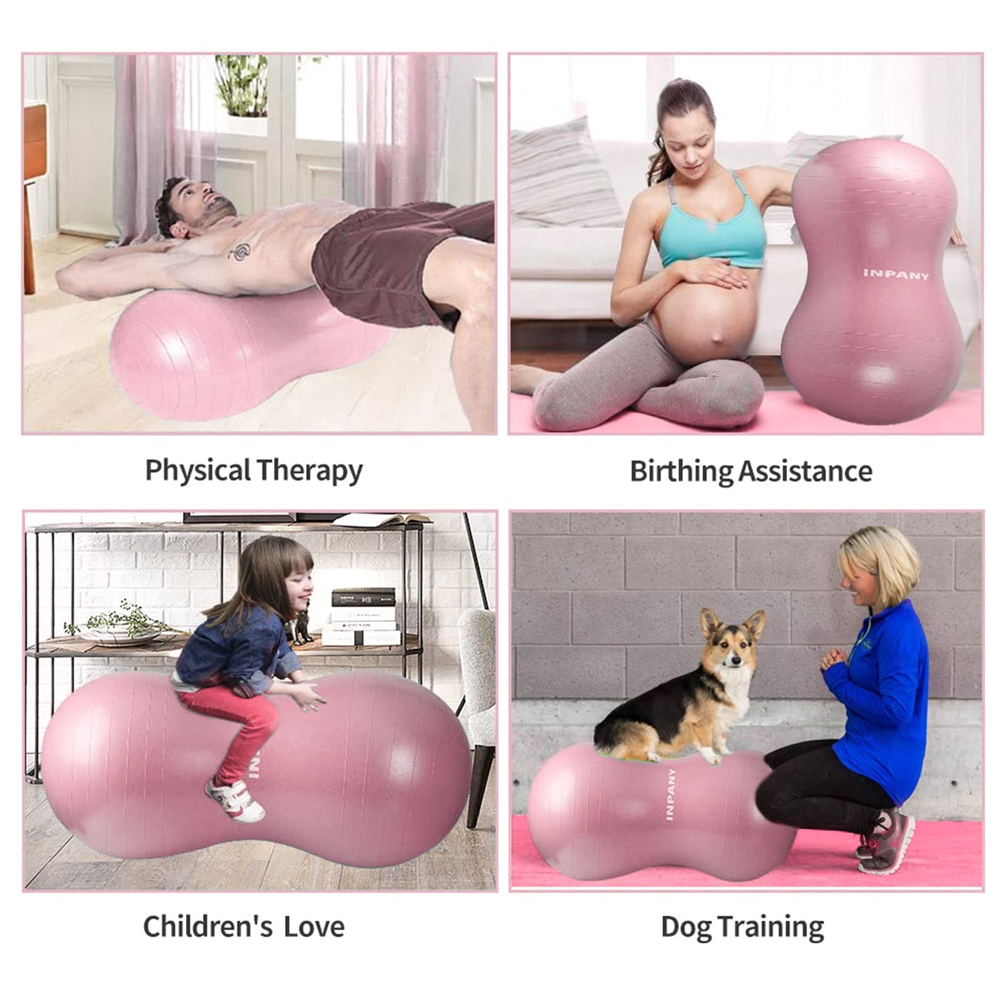 INPANY Peanut Ball - Anti Burst Exercise Ball for Labor Birthing, Physical Therapy for Kids, Core Strength, Home & Gym Fintness (Include Pump) Pink
