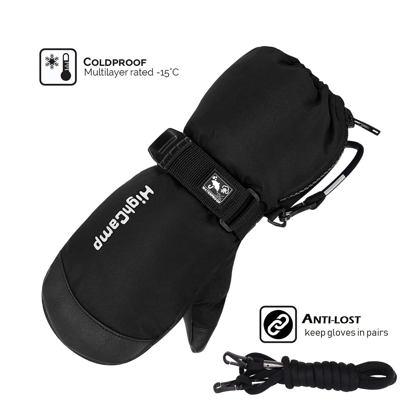 HIGHCAMP Kids Ski Mittens Waterproof Winter Snow Gloves with Zipper and String on Long Cuff for Toddler Boys Girls -Black,M (6-8 Y)