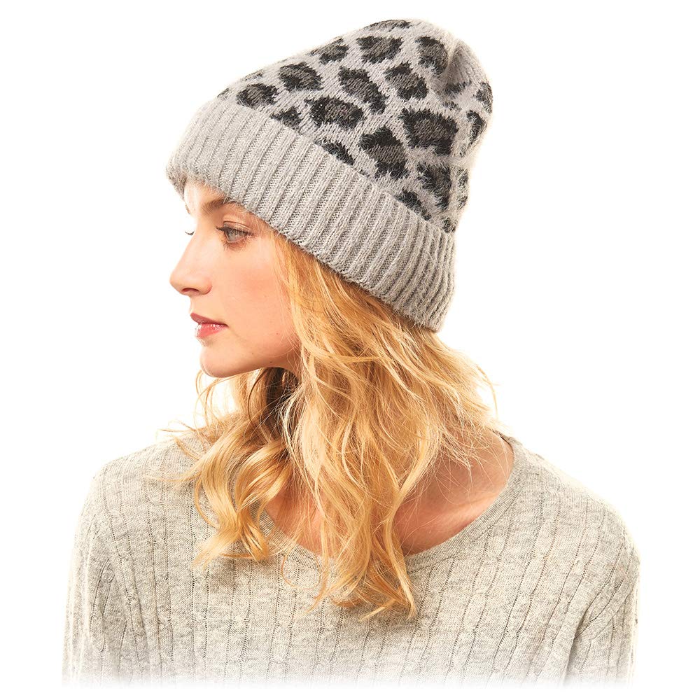 by You Women Teen Fashion Fall Winter Soft Fuzzy Leopard Animal Print Knit Cuffed Beanie Hat (Leopard Pattern - Grey)