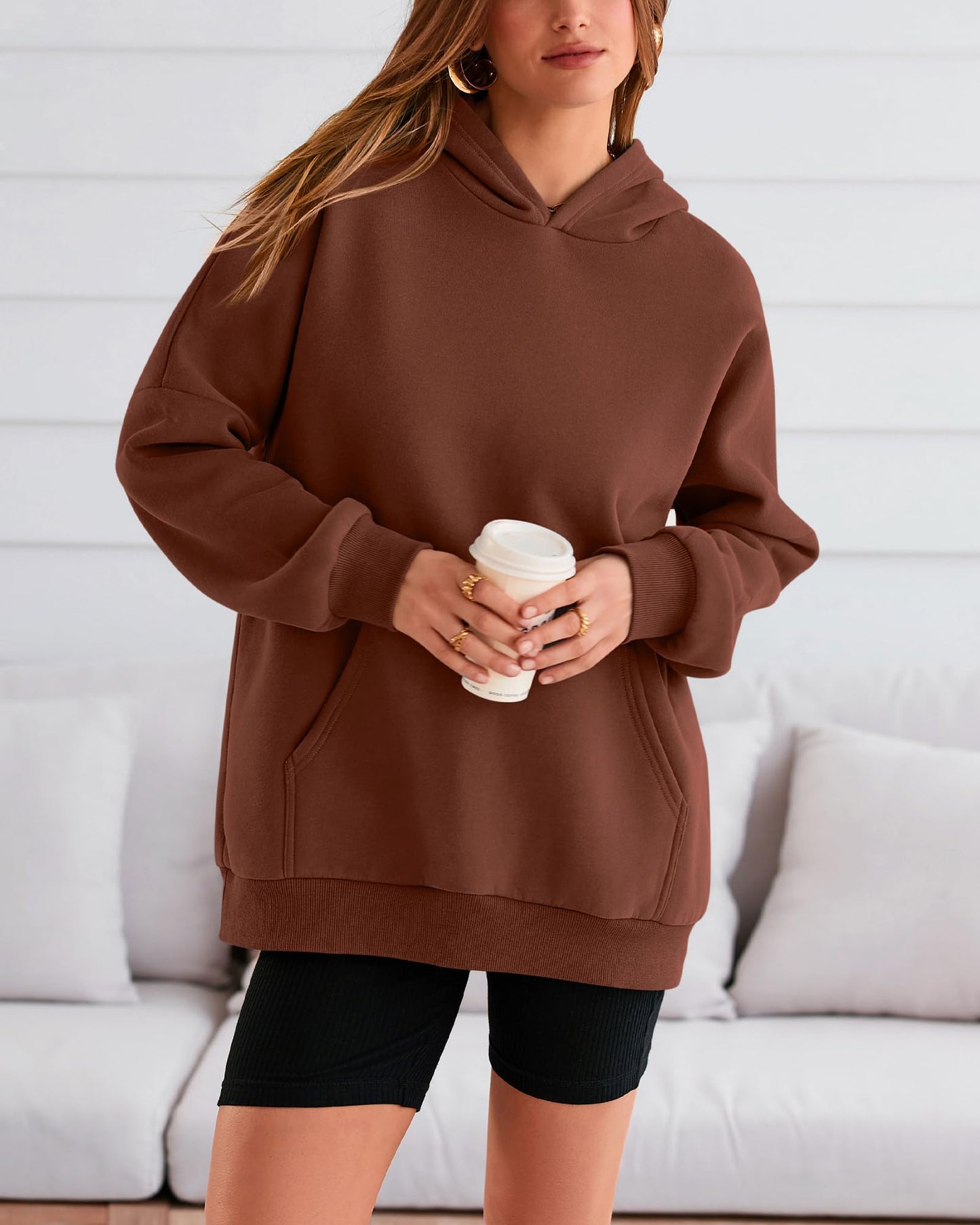 BTFBM Womens Fall Fashion 2024 Oversized Sweatshirt Hoodie Long Sleeve Fleece Pullover Holiday Tops Winter Clothes(Solid Dark Coffee, Small)