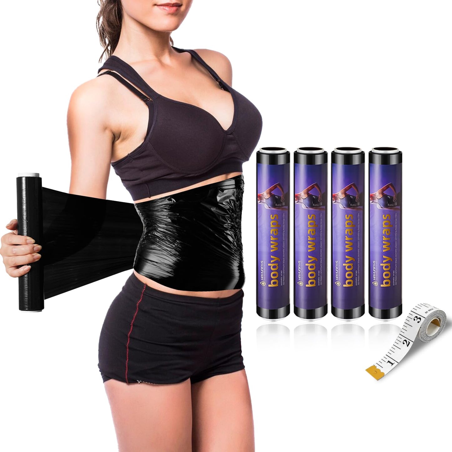 Hayunfiys 60 Meters Black Osmotic Plastic Body Wrap, Workout & Sweat Enhancer Stomach Film Body Applicator Power Wrap -DIY Sauna Wrap(4 Rolls)
