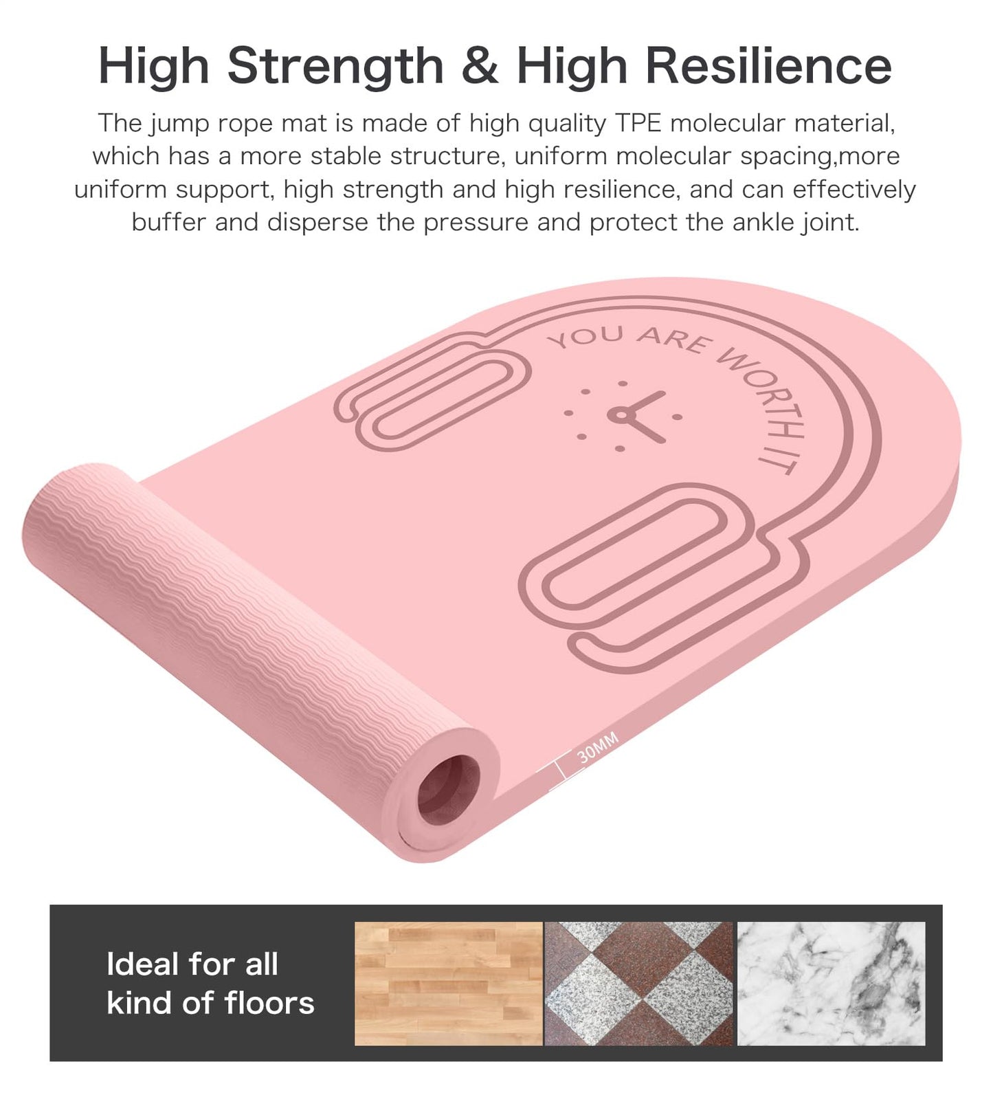 LERYG 8/20/30mm Jump Rope Mat Fitness Exercise Mat Durable, Non-Slip, Workout Mats with Jump Rope & Carrying Bag for Home Gym Flooring in Pink(55"x 24")