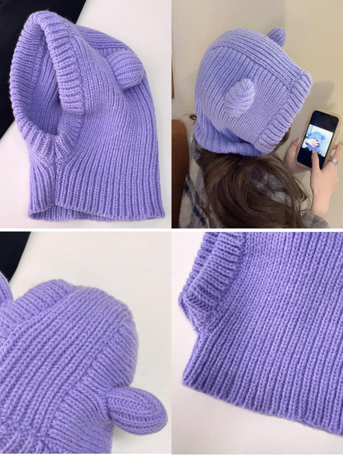 Knit Winter Hat Women Cute Bear Balaclava Warm Hooded Scarf Beanie Hat Skull Cap Collar Neck Cover Pullover Blue