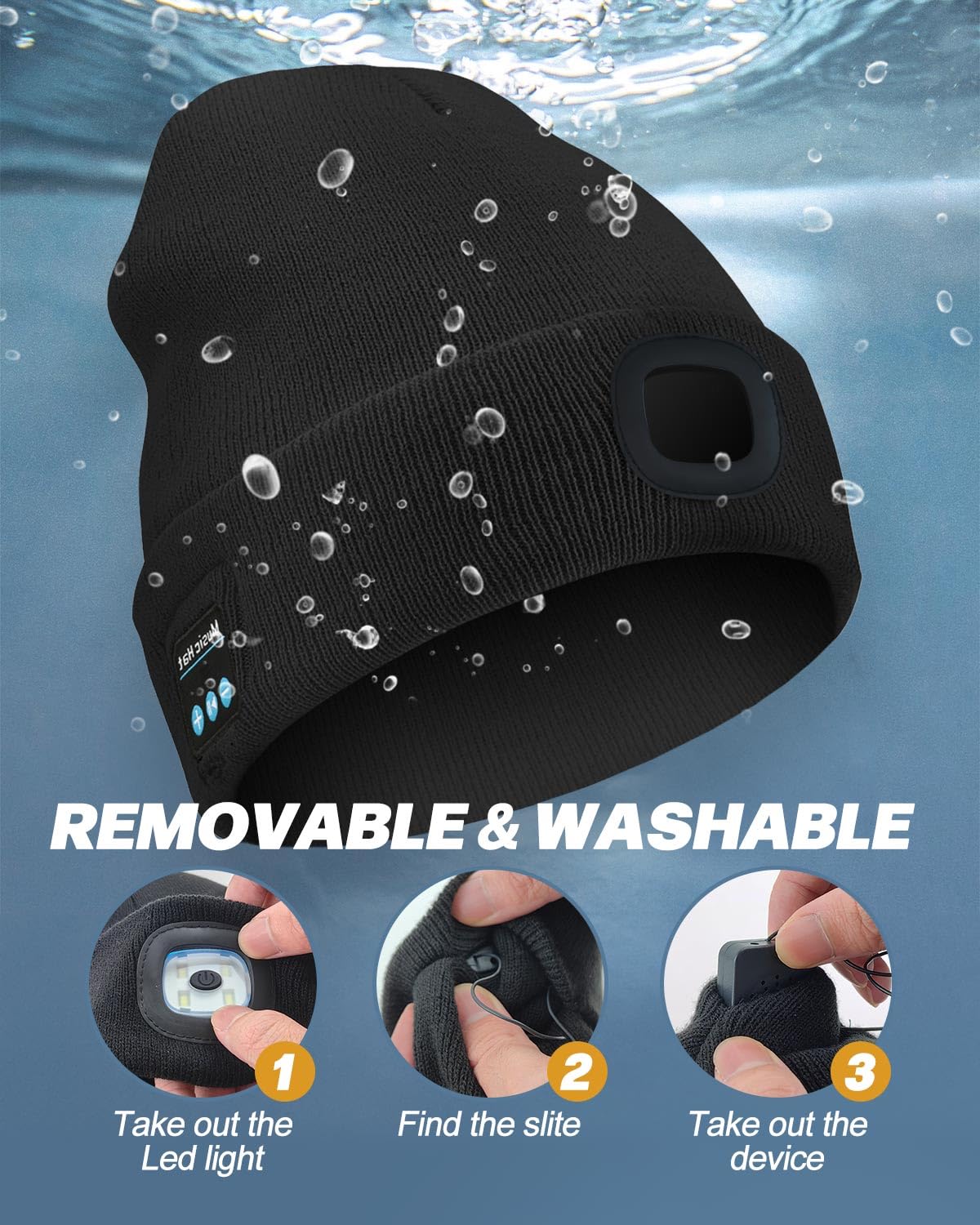 MOXTOYU Unisex Bluetooth Beanie with Light, USB Rechargeable LED Headlamp Winter Hat, Christmas Stocking Stuffers Gifts Warm Knitted Cap for Men Women Dad Mom Black