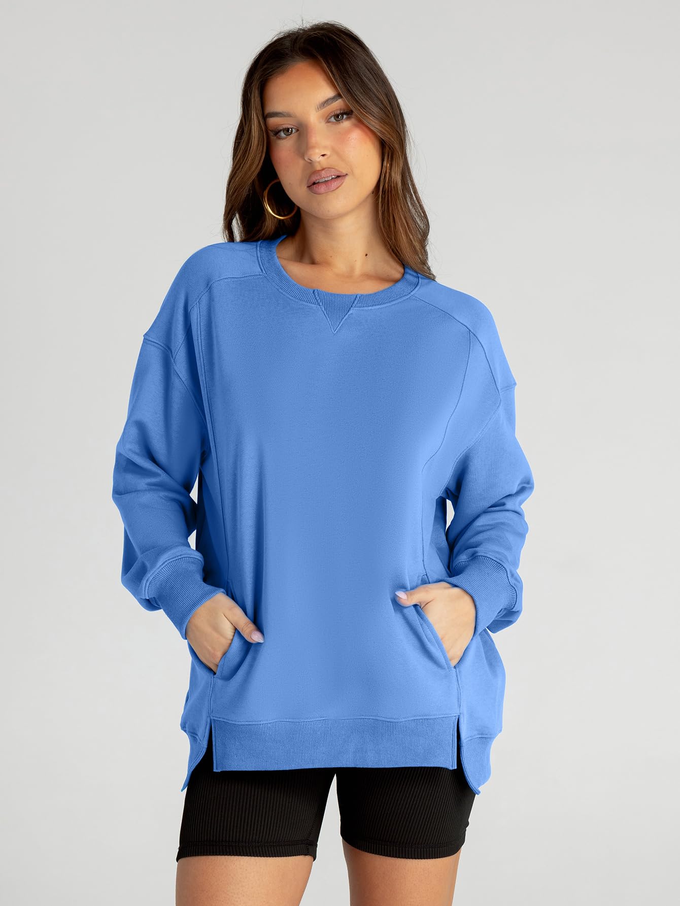 Glamaker Women's Long Sleeve Pullover Sweatshirt Oversized Sweatshirts Casual Crew Neck Tops Y2k Winter Fall Clothes Blue XL