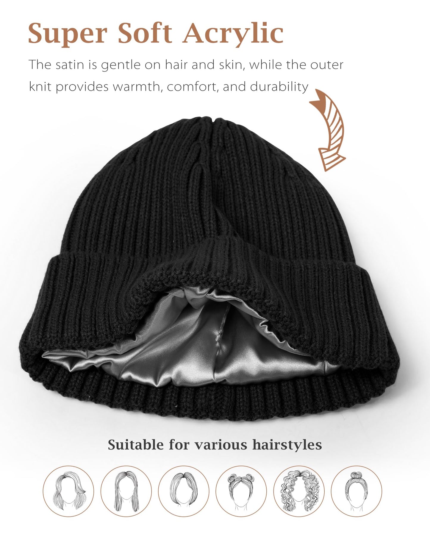 LiuSuper Satin Lined Beanie for Women Men, Winter Hats for Women, Slouchy Silk Lined Beanie, Warm Unisex Cuffed Beanie Rose