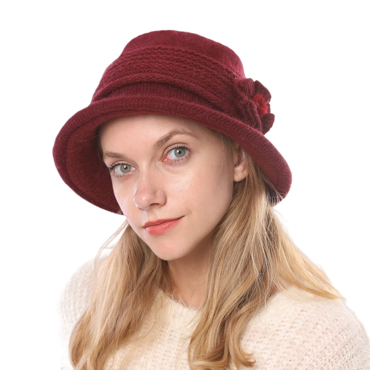 Women Winter Warm Knitted Cloche Hat Vintage Church Bucket Hat with Flower Accent