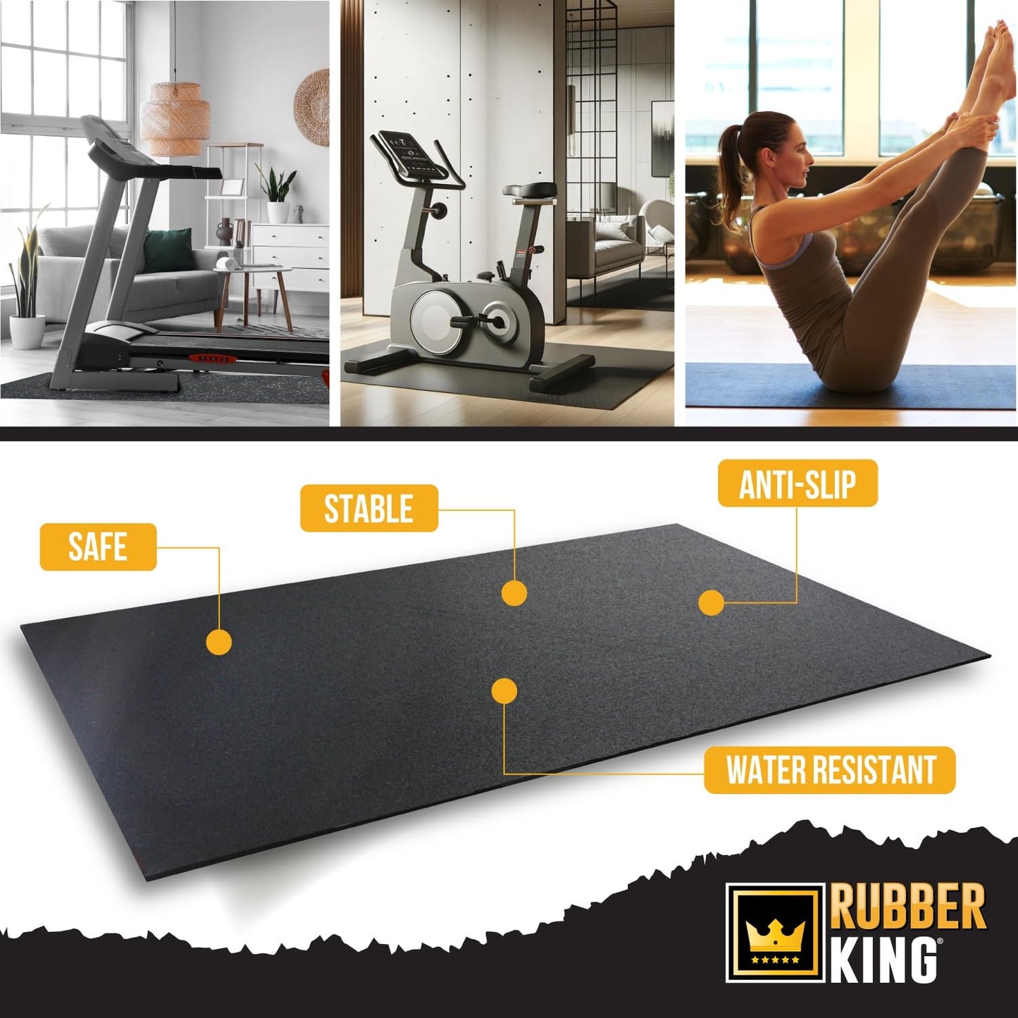 Rubber King Multi-Purpose Exercise Mat - 4' x 6' x 7mm - 100% Recycled Thick Rubber Mat for Home Gym Flooring, Non-Slip, Low-Odor Durable Workout Mat for Indoor/Outdoor, Shoe-Friendly - Blue/Grey