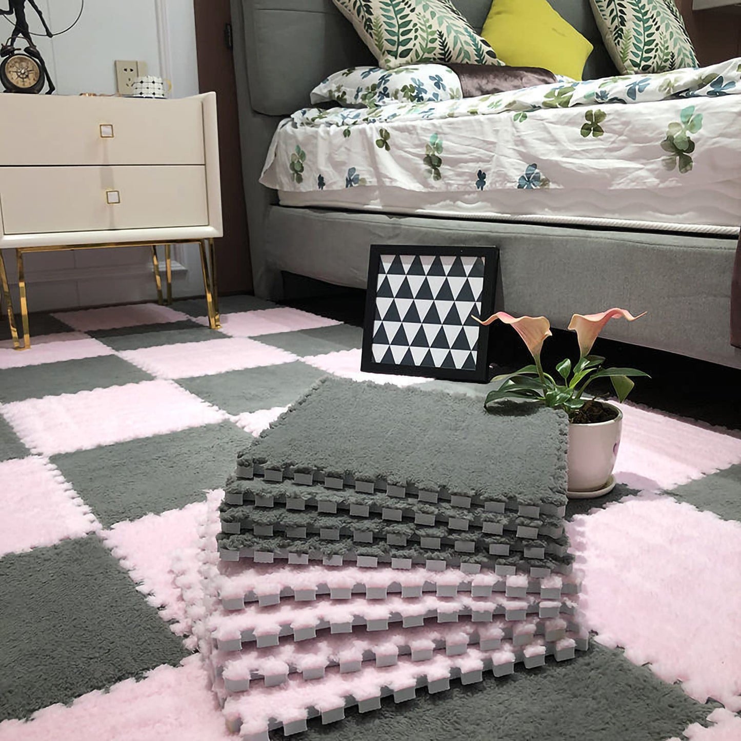 easycustomerlee 12pcs Tiled Puzzle Play Mats Interlocking Shaggy Soft EVA Foam Mats Protective Floor for Children Kids Room Home Parlor Bedroom(Gray)