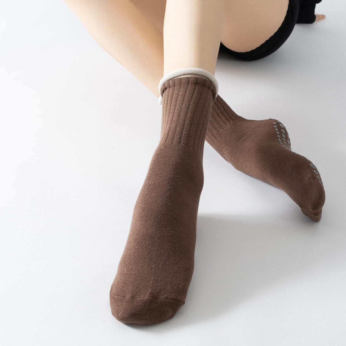 Yoga Pilates Socks with Grips for Women Non Slip Colorful Cushioned Crew Socks for Barre Ballet Dance (Dark Coffee)