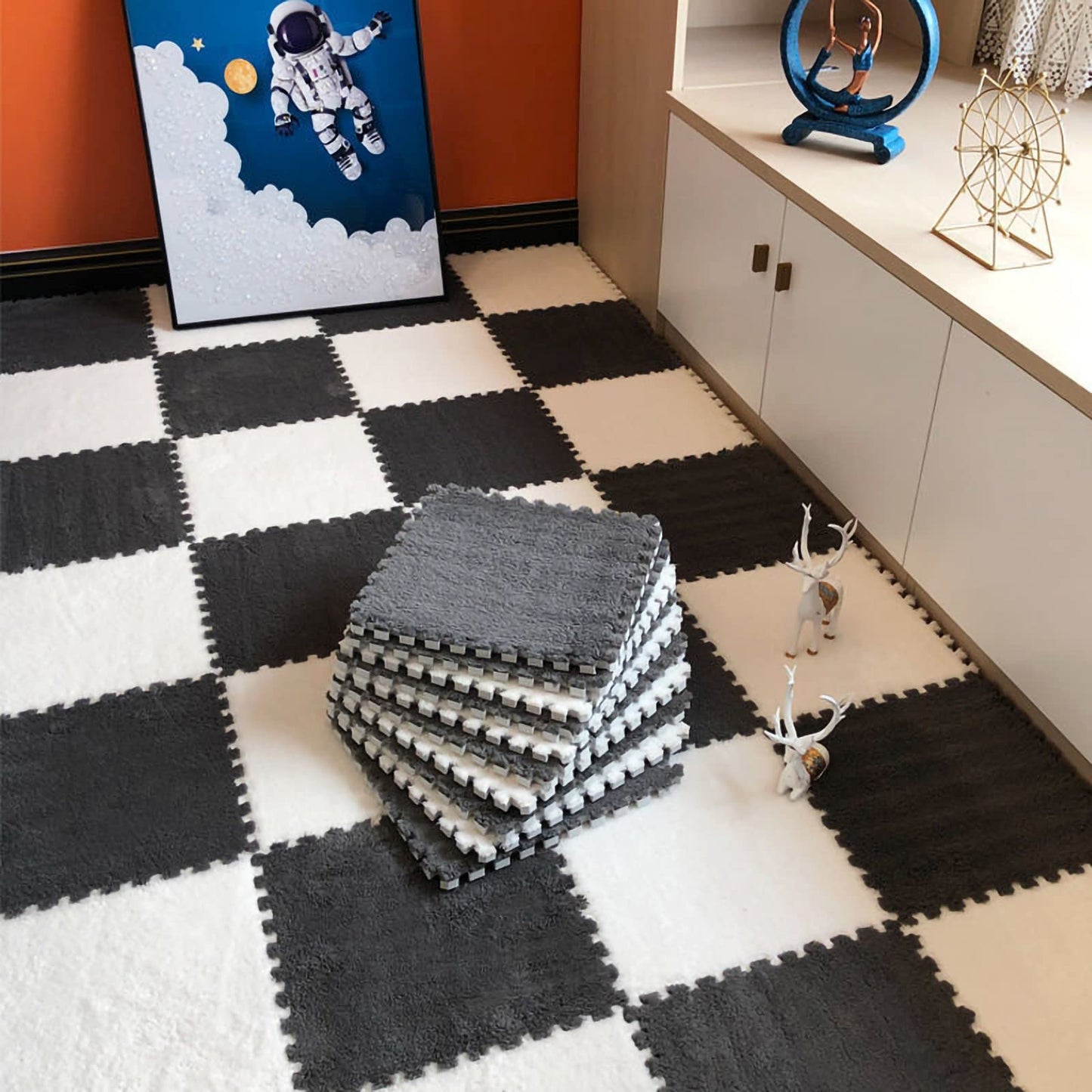easycustomerlee 12pcs Tiled Puzzle Play Mats Interlocking Shaggy Soft EVA Foam Mats Protective Floor for Children Kids Room Home Parlor Bedroom(Gray)
