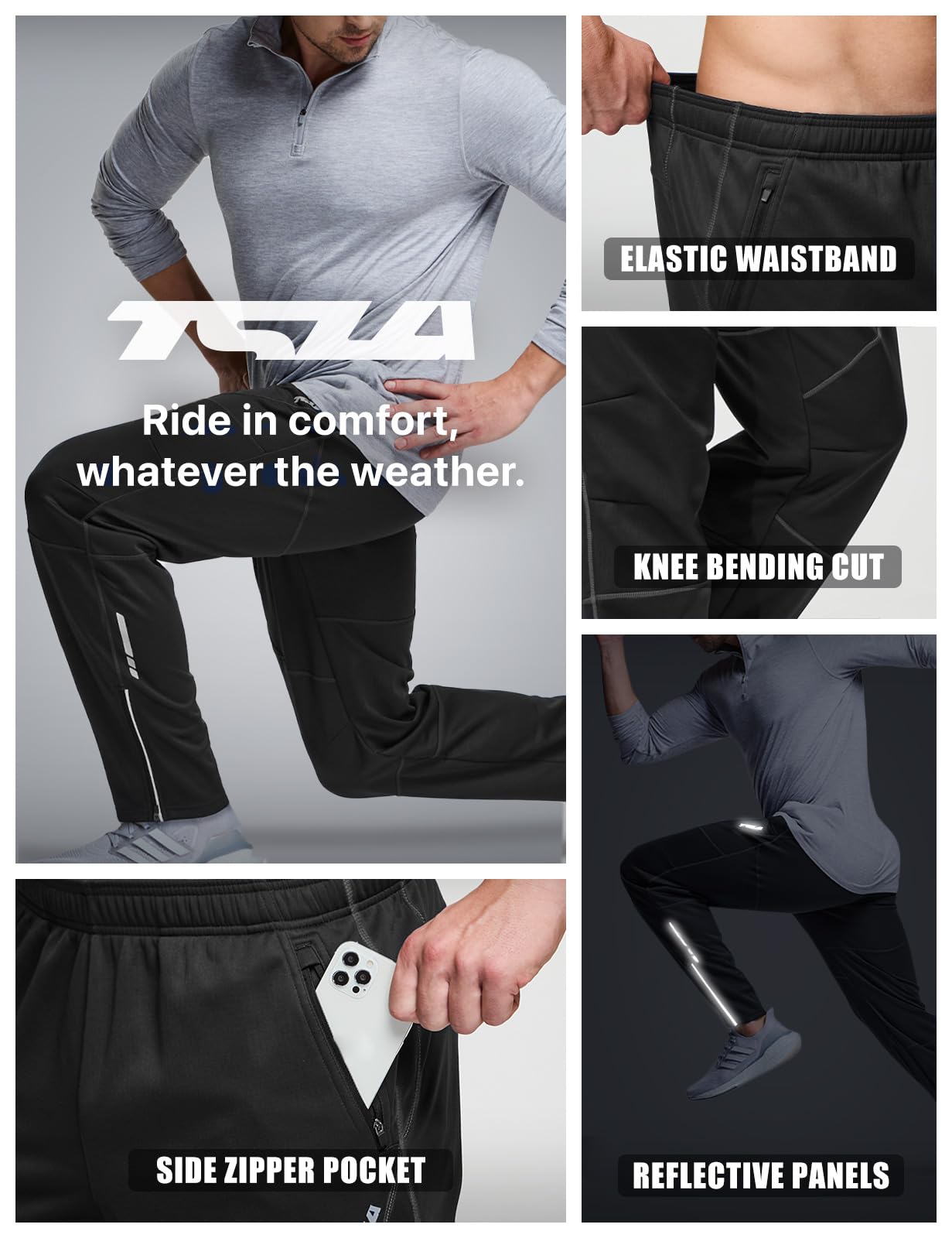 TSLA Men's Thermal Windproof Cycling Pants, Fleece Lined Outdoor Bike Pants, Winter Cold Weather Running Pants, Cycling Pants Black & Grey, XX-Large