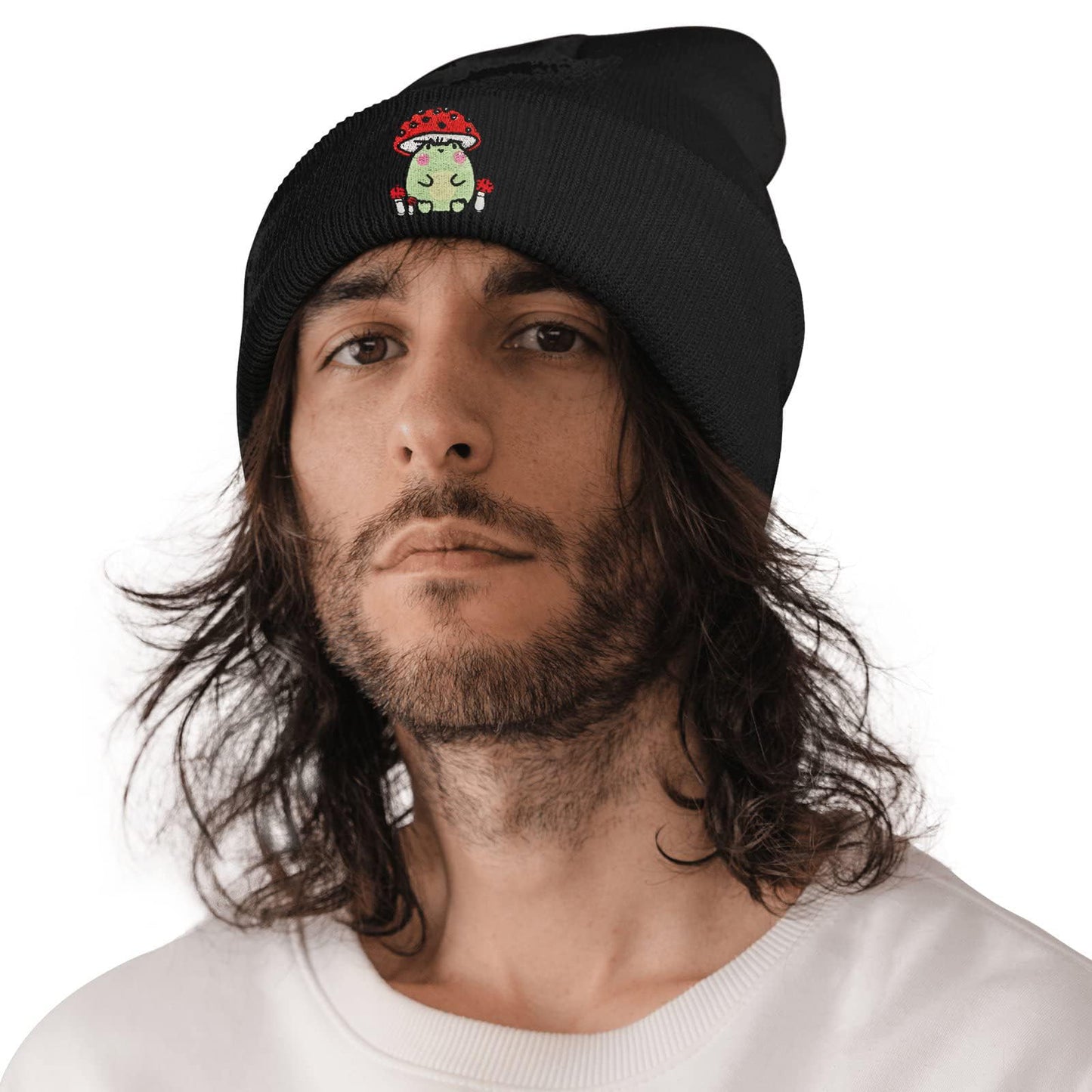 DEKIFNHG Funny Frog Mushroom Embroidered Beanies Hat, Winter Warm Knit Hat for Men and Women Gift