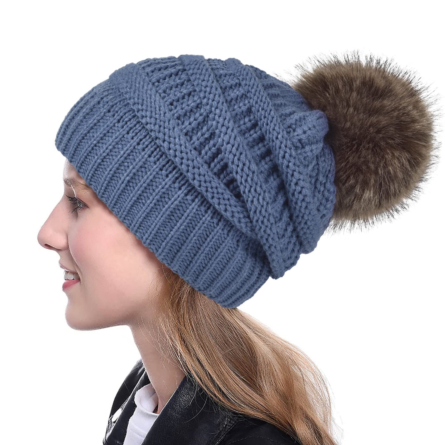 Slouchy Beanie Hat Gloves Set Women Winter Knit Knitted Warm Fleece Lined Cap Cute Fur Pom Ball Faux Pompom Soft Chunky Thick Cable Fluffy Wool Ladies Blue Slouch Hats Cold Weather Snow Accessories