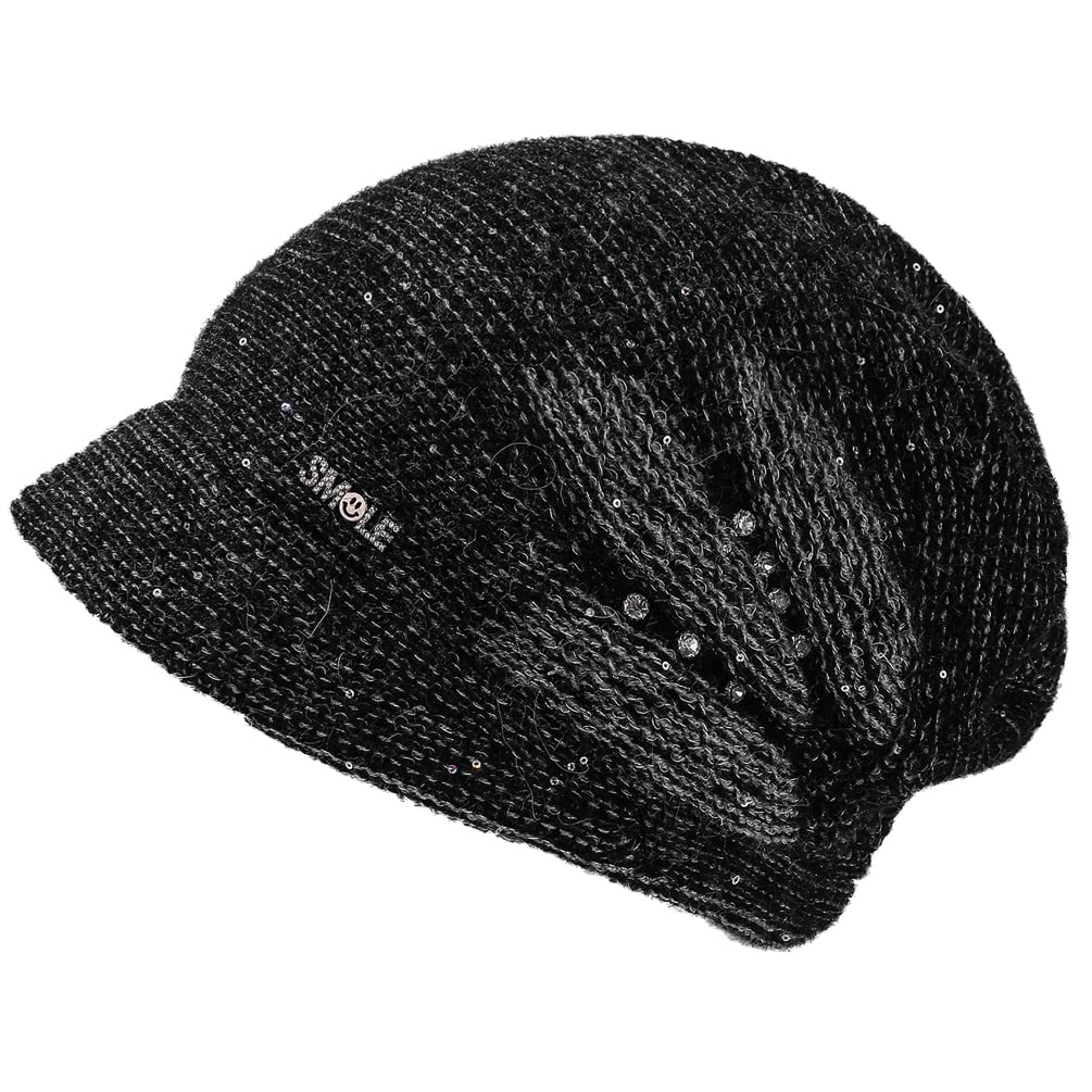 YUSSTAR Slouchy Knit Beanie with Brim Visor Bill Fancy Chemo Cap Winter Baggy Hats Women (Black)