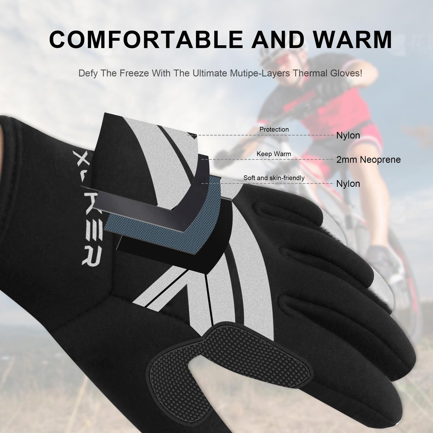 XUKER Cycling Bike Gloves for Men, 2mm Neoprene Winter Full Finger Gel Pad Touchscreen Thermal Mountain Biking Gloves for BMX ATV MTB Riding, Road Racing, Bicycle, Climbing, Boating