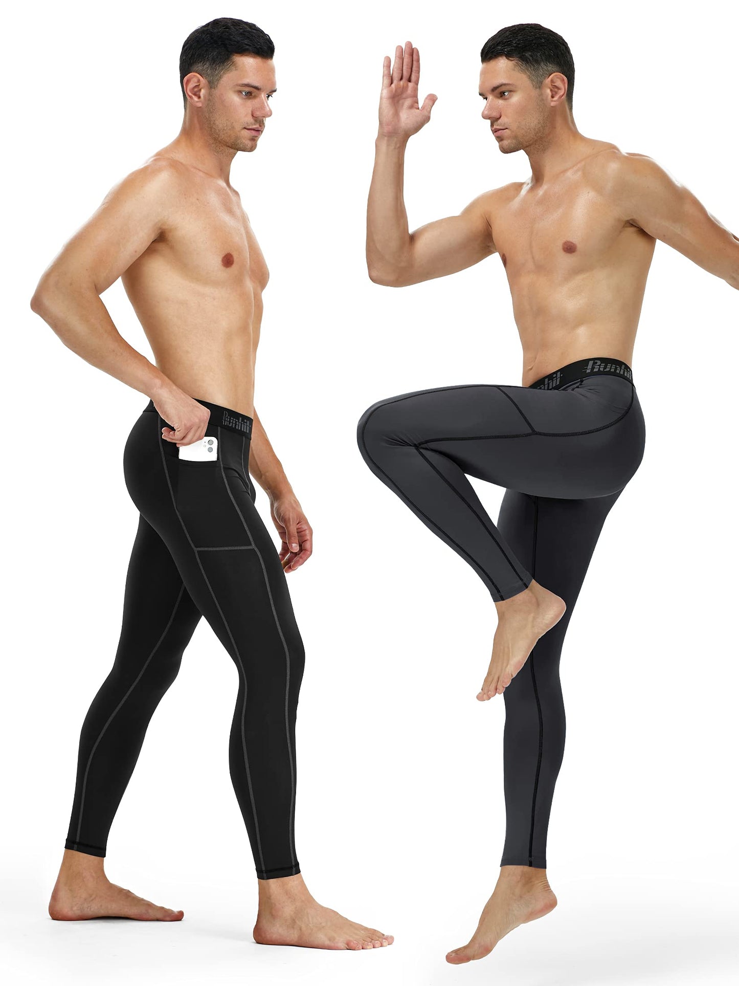 Runhit Mens Leggings Compression Pants for Men Tights with Pocket Running Pants for Men Workout Jogger Thermal Winter Base Layer Gray Black 2 Pack Large