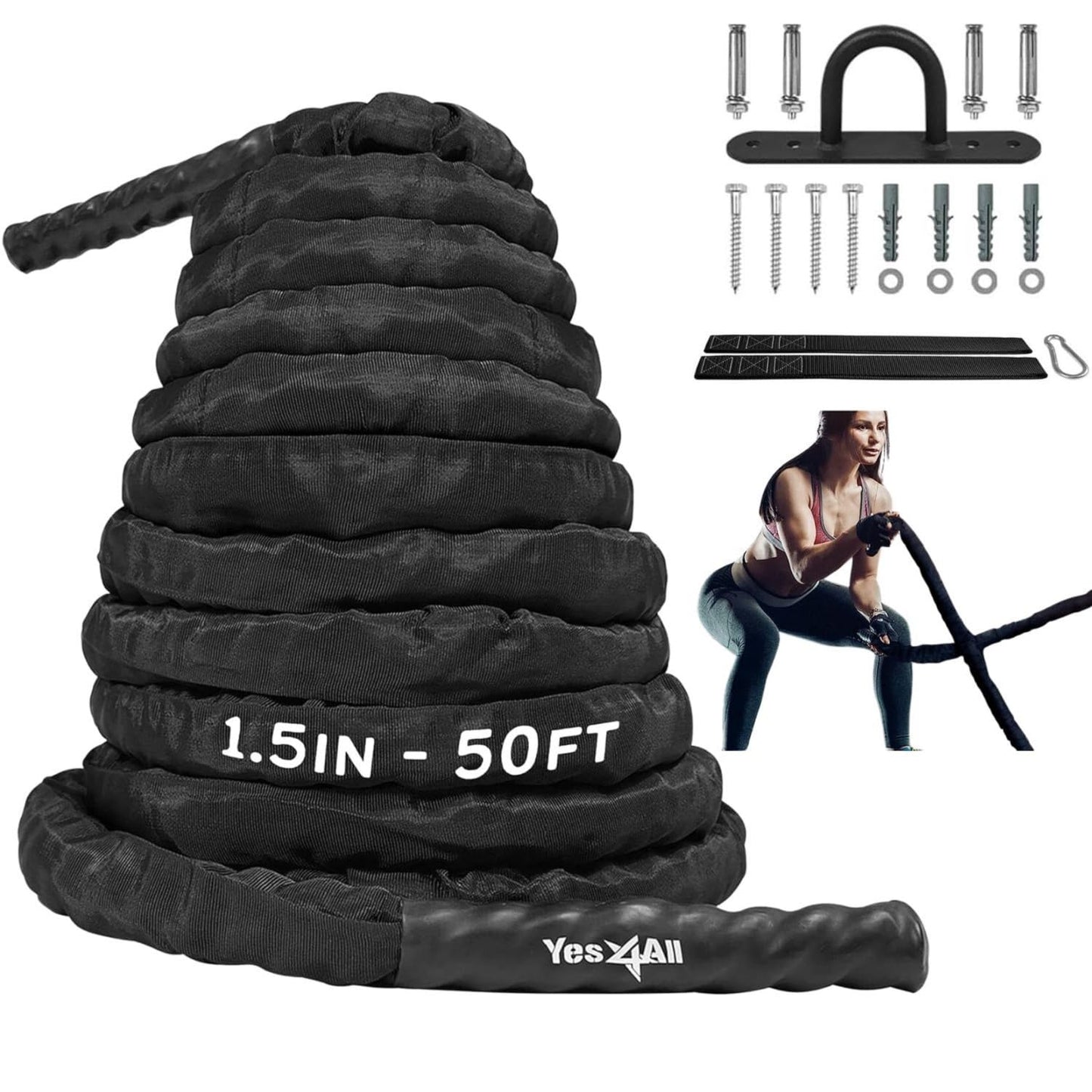 Yes4All Battle Exercise Training Rope with Protective Cover – Steel Anchor & Strap Included Black, 1.5in - 50ft