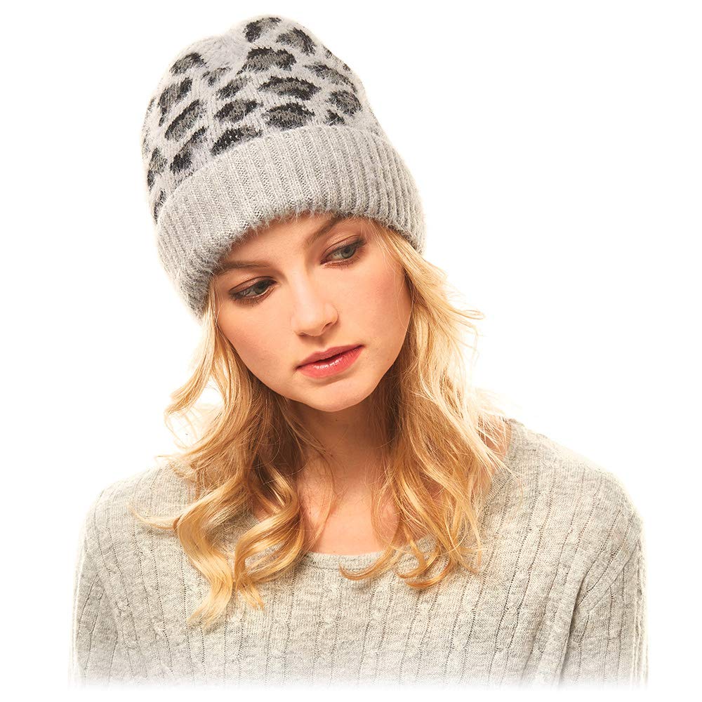 by You Women Teen Fashion Fall Winter Soft Fuzzy Leopard Animal Print Knit Cuffed Beanie Hat (Leopard Pattern - Grey)