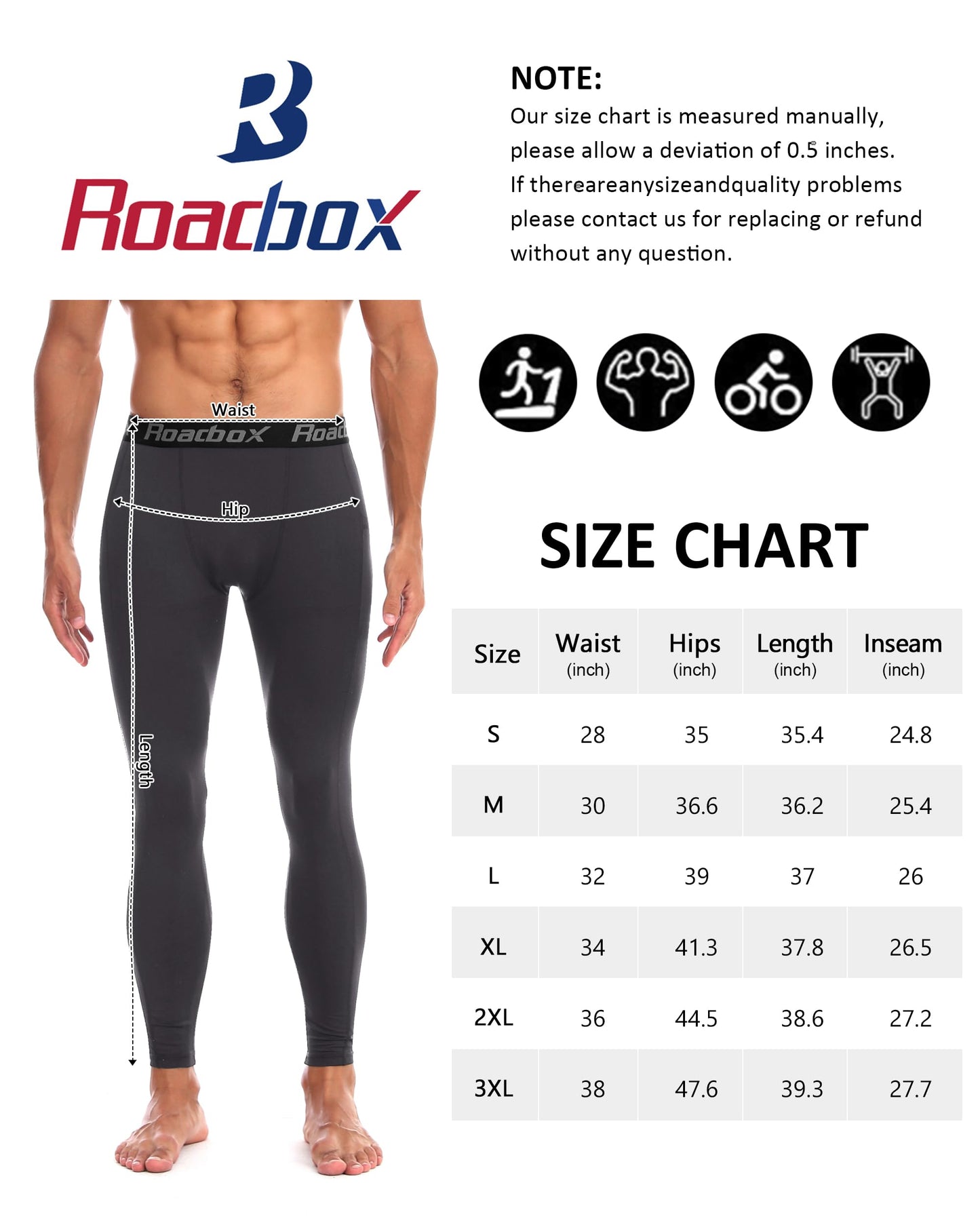 Roadbox Athletic Mens' Thermal Leggings Warm Compression Pant Fleece-Lined Baselayer Tights for Basketball Cycling Gym Winter