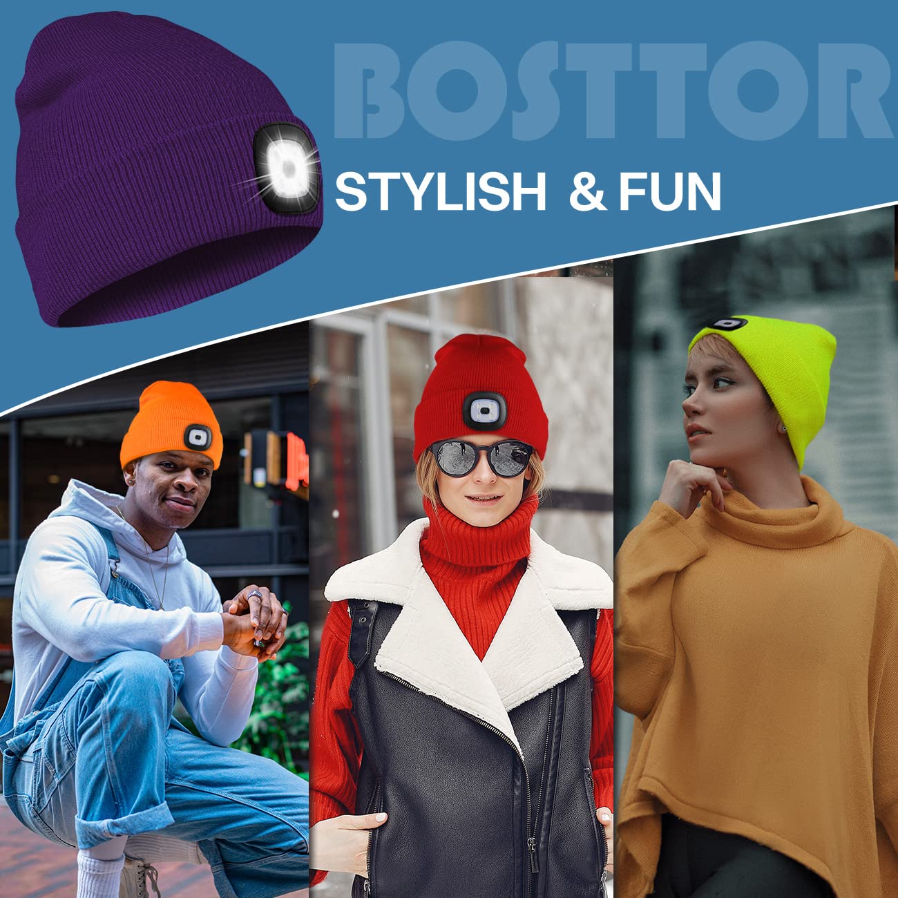 Bosttor LED Beanie Hat with Light 2 Pack, Rechargeable Headlamp Cap, Unisex Winter Warm Knitted Hats, Headlight Flashlight for Running Hiking Camping,Tech Gifts for Men Women Teens