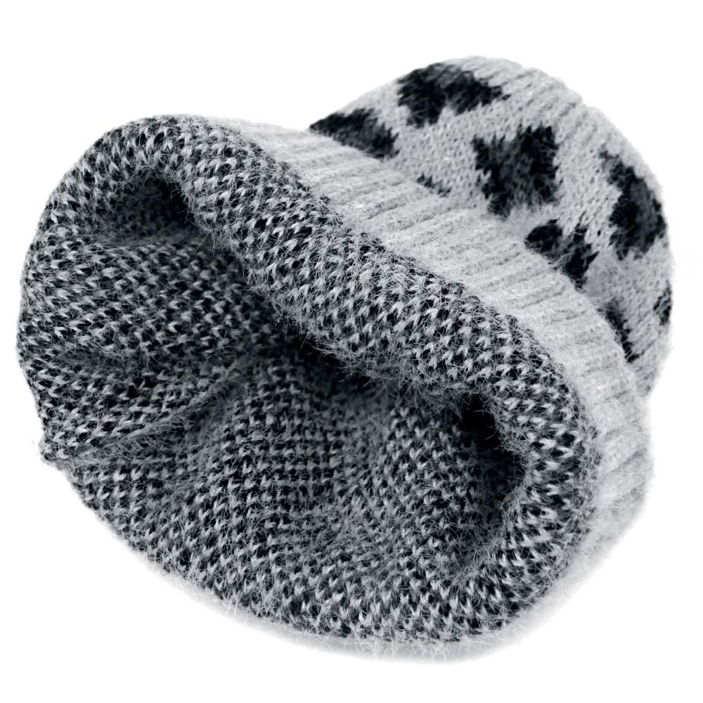 by You Women Teen Fashion Fall Winter Soft Fuzzy Leopard Animal Print Knit Cuffed Beanie Hat (Leopard Pattern - Grey)