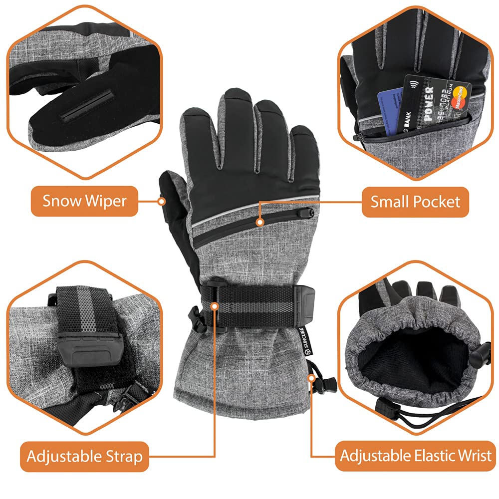 SUN CUBE Ski Gloves Men Women, Waterproof Thermal Winter Snow Gloves, Windproof 3M Thinsulate Snowboarding Snowmobile Skiing, Insulated Warmers Zipper Pocket Cold Weather Outdoor Snowboard, Gray L
