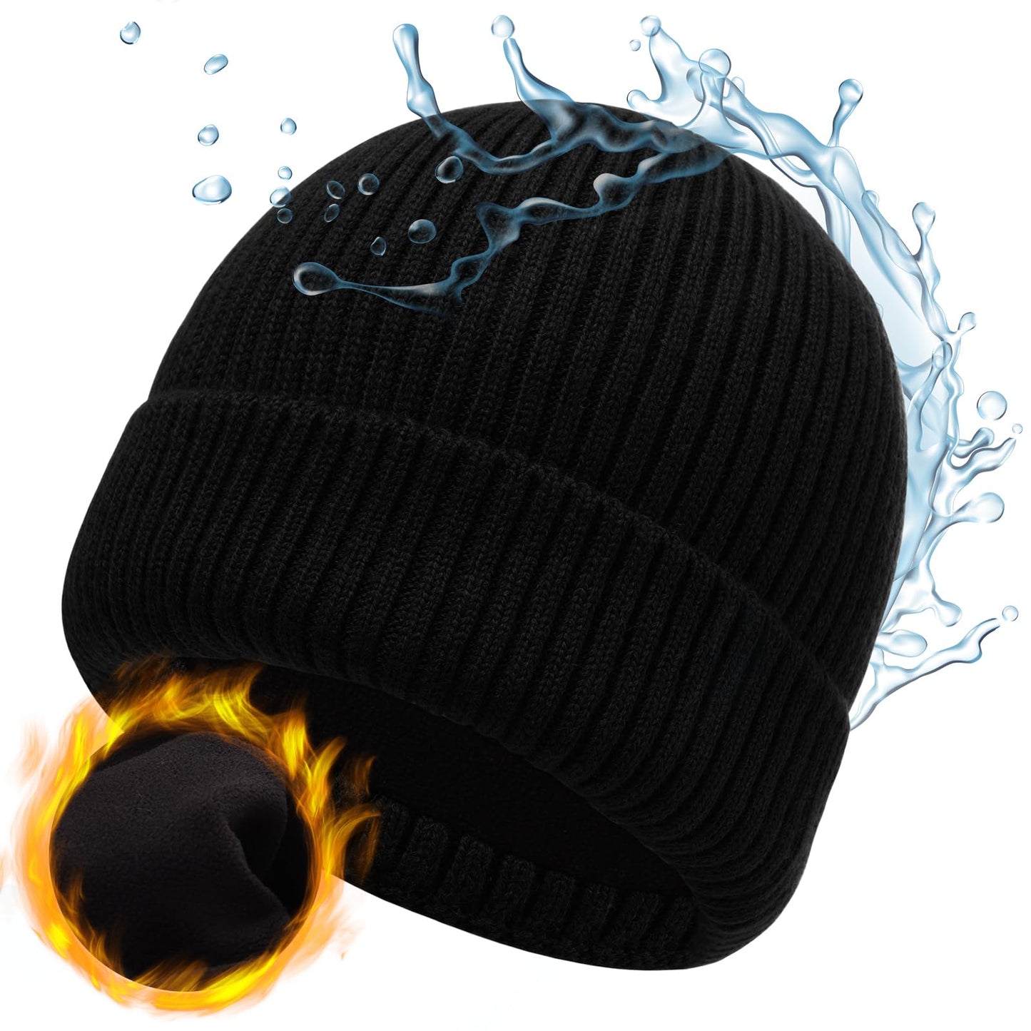 Oversize XL XXL Waterproof Merino Wool Beanie for Men Women Big Head, Warm Fleece Lined Large Winter Hat, Plus Size Big Knit Skull Stocking Cap, Rainproof Windproof Cuffed Beanie for All Weather Black